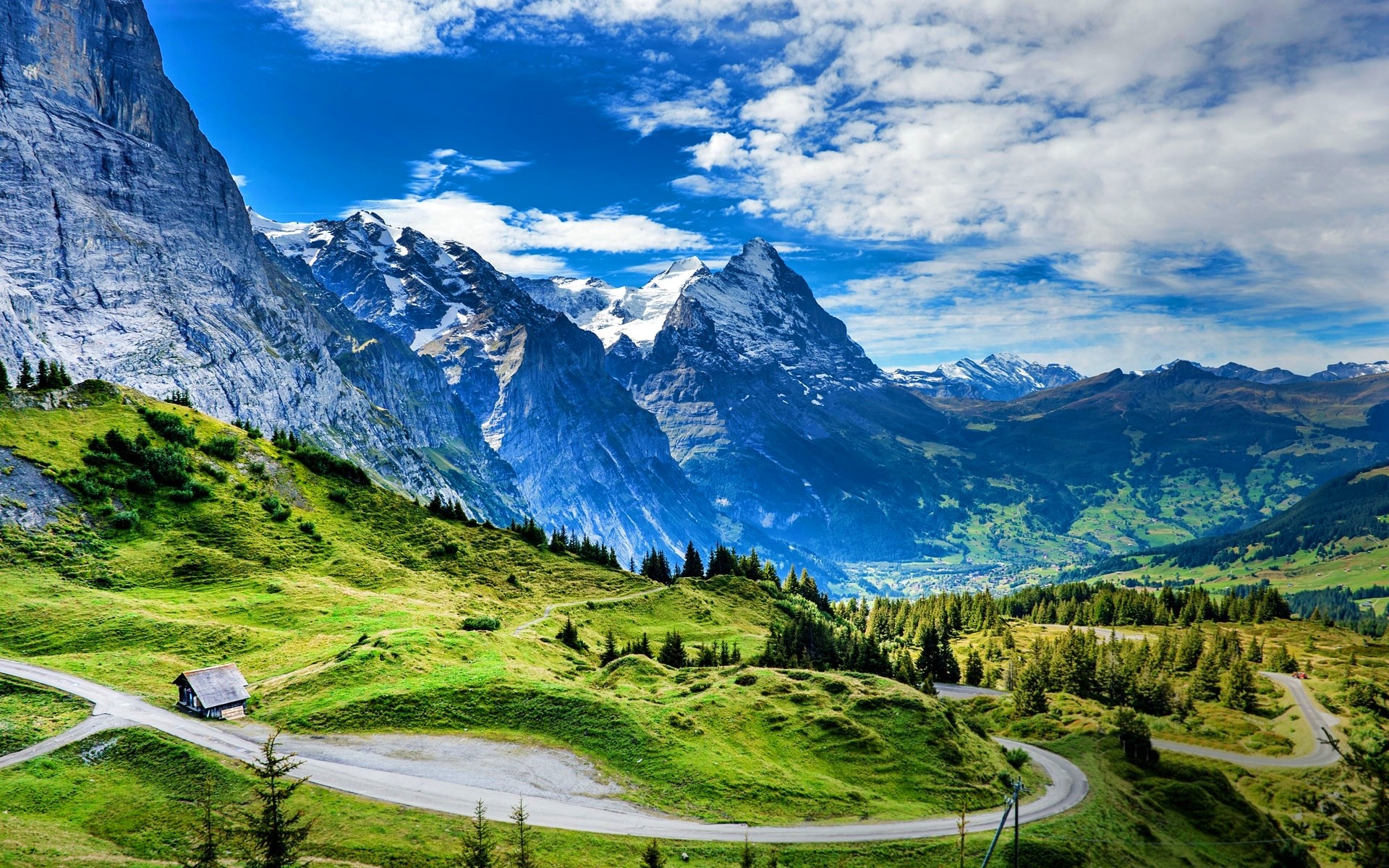 Alps Background Mountains Cabin Snowy Peaks Clouds Forest