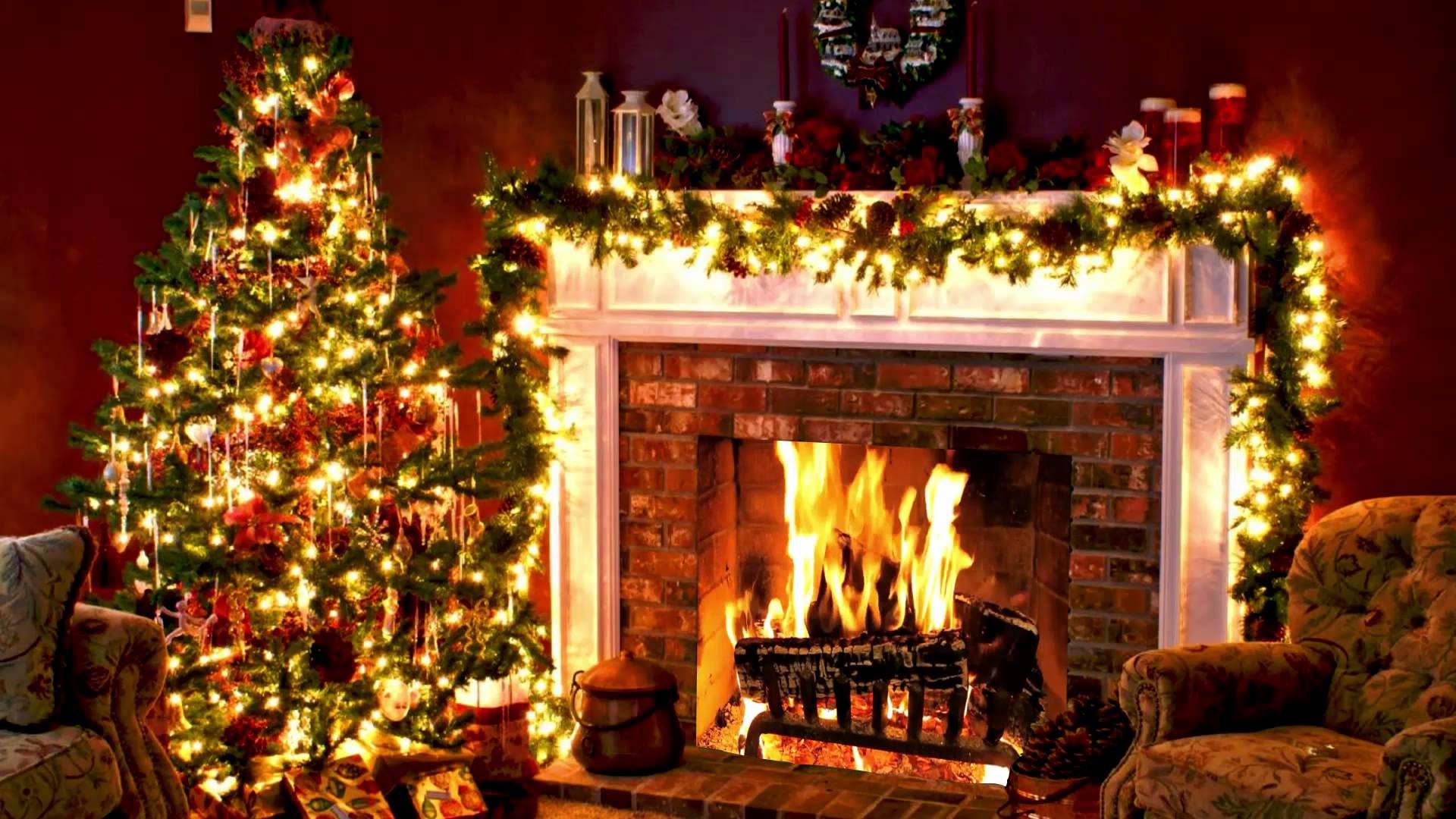 Christmas Tree Living Room Fireplace Wallpaper