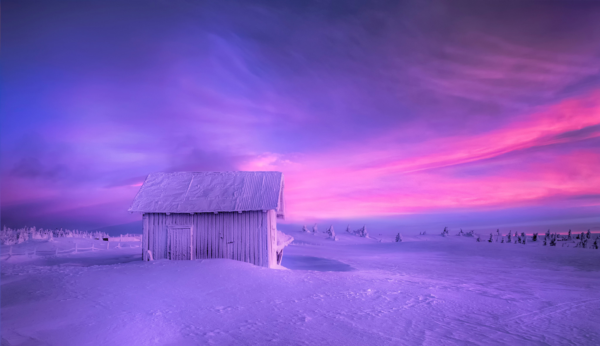 2048x1182 Fotografie - Winter Lila Erde/Natur Scheune Snow Sonnenuntergang Wallpaper