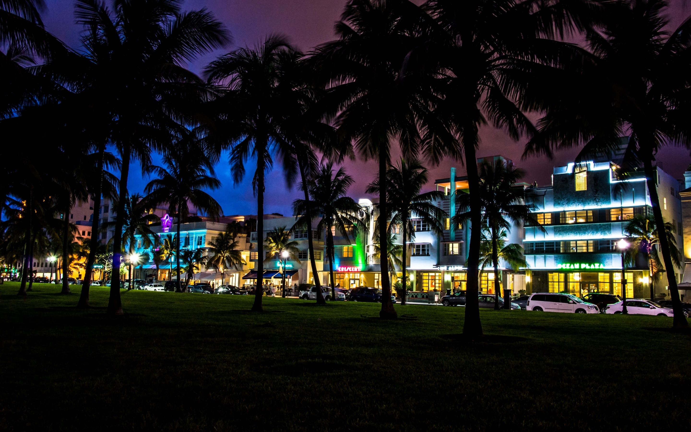 2880x1800 Miami, florida, South Beach, night, palm, car, house, hotel