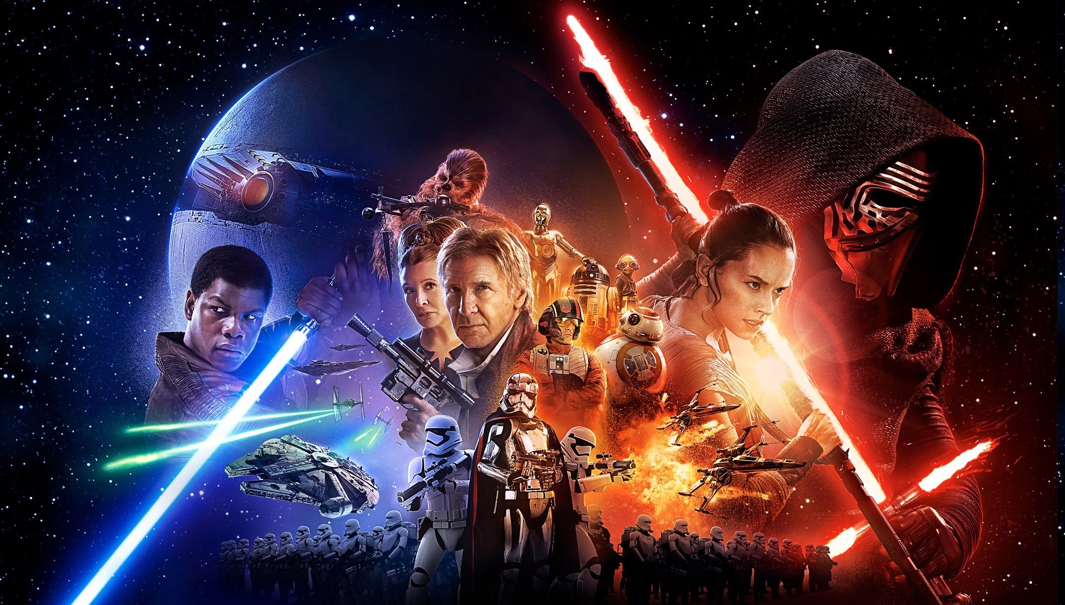 2159x1227 Star Wars, Star Wars: Episode VII The Force Awakens, Kylo Ren, Han Solo, BB  8, Chewbacca, Captain Phasma, R2 D2, C 3PO, Luke Skywalker, Stormtrooper,  ...