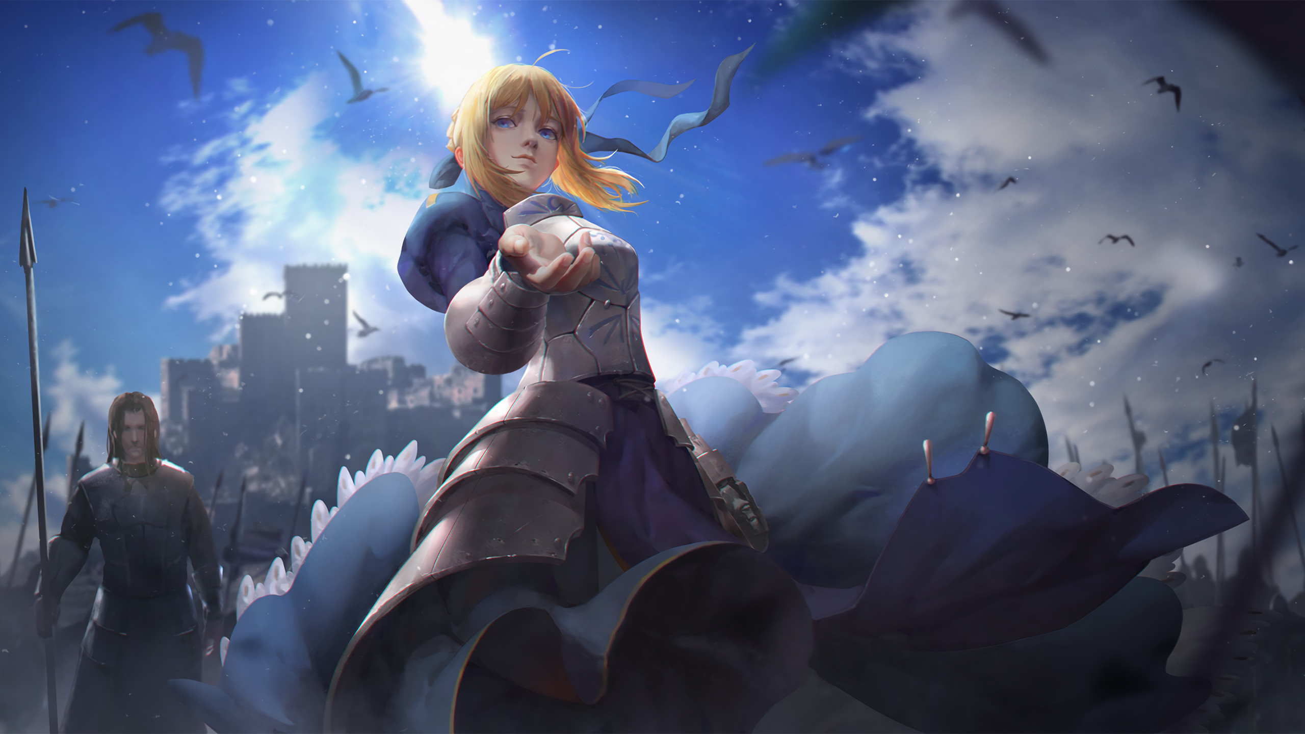 2560x1440 Anime  anime girls Fate Series Saber knight armor castle