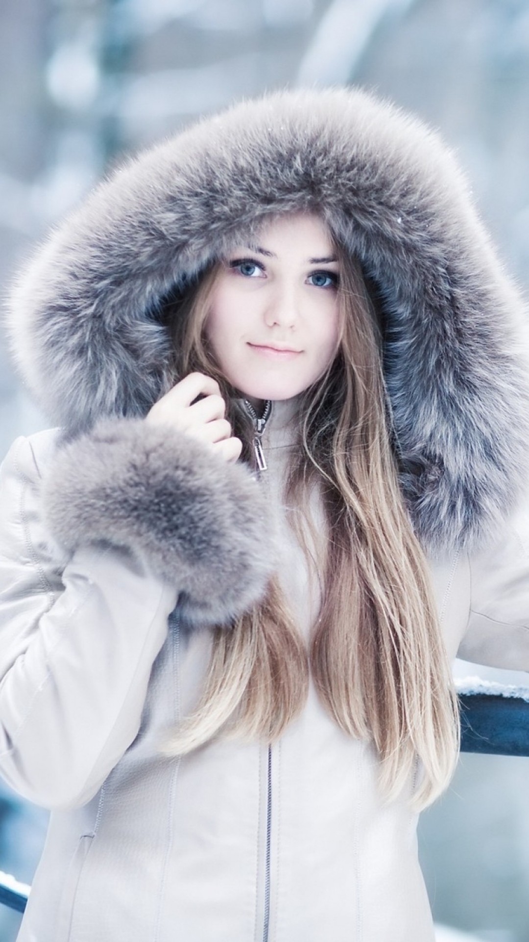 1080x1920  Wallpaper girl, hood, winter, smile