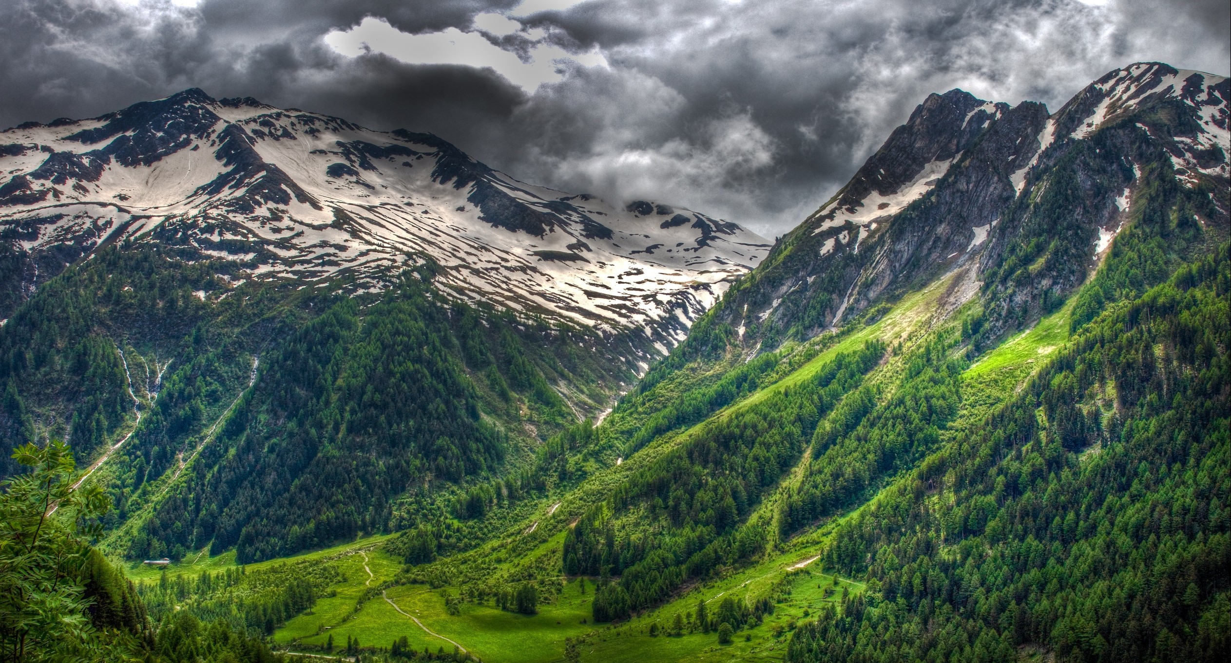 2526x1362 #mountains, #clouds, #Switzerland, #green, #forest, #landscape, #snowy  peak, #grass, #nature, #spring, #Alps, wallpaper