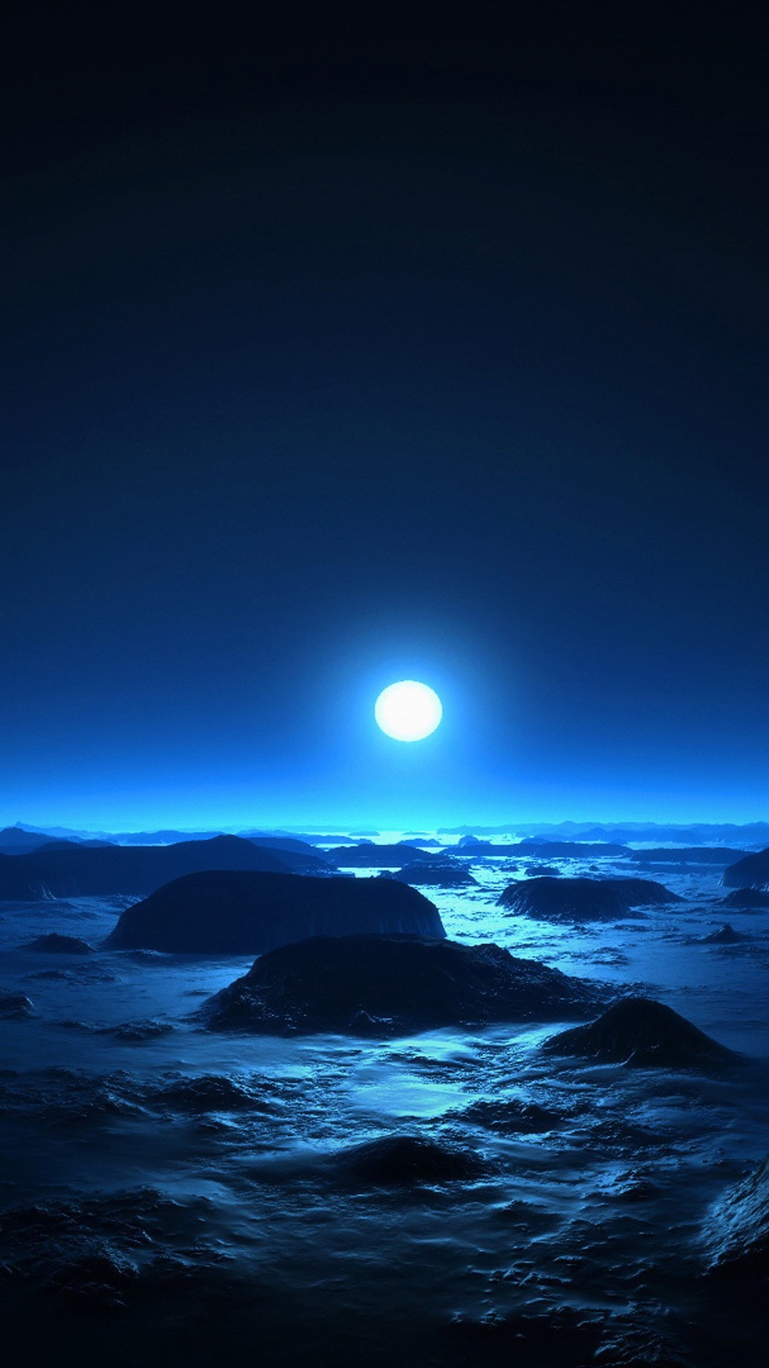 1080x1920 Alien Moon Over Ocean Rock Beach kalten Mondlicht iPhone 8 Plus Wallpaper