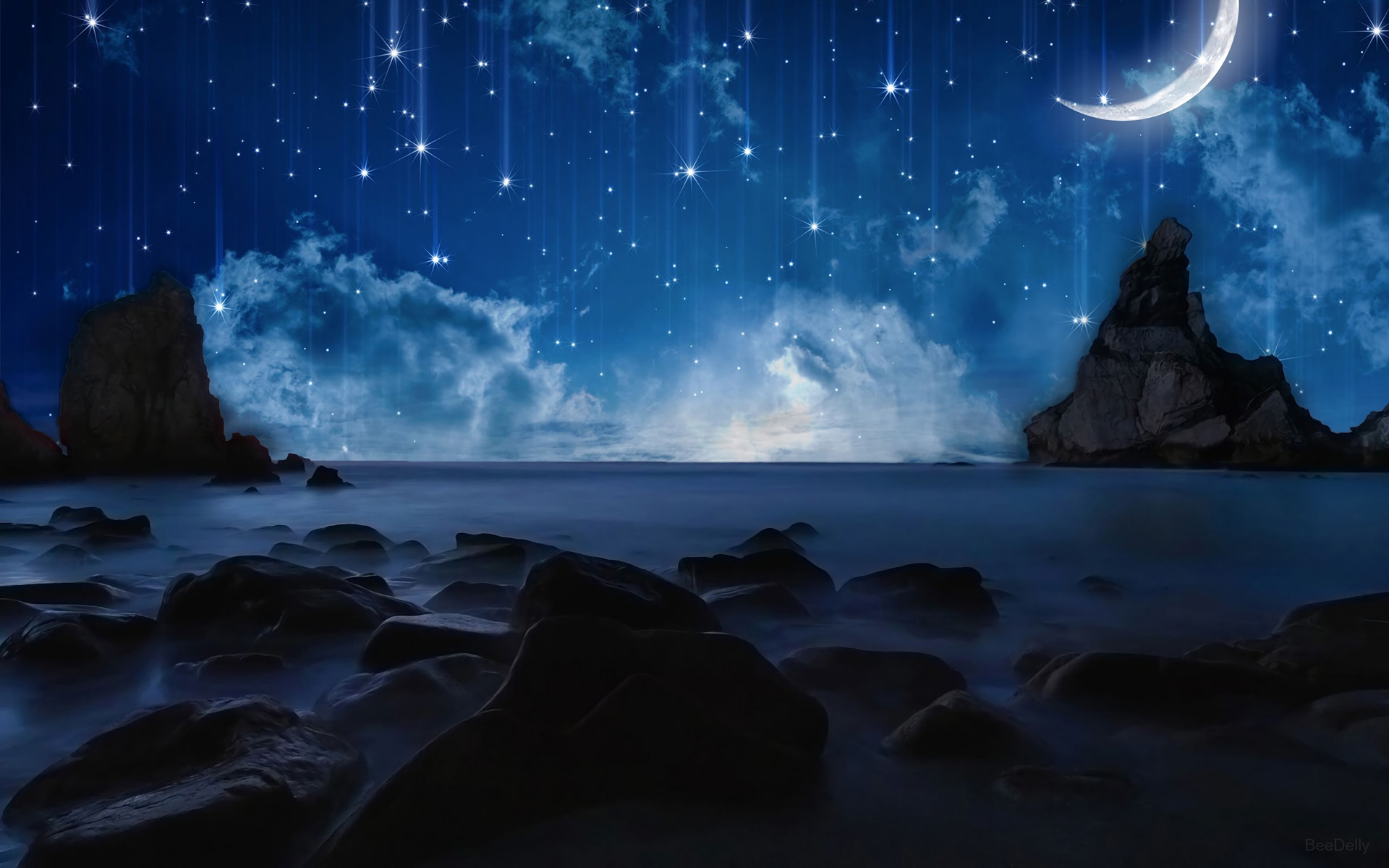 1920x1200 Artistic - Ocean Artistic Space Rock Star Moon Sky Wallpaper