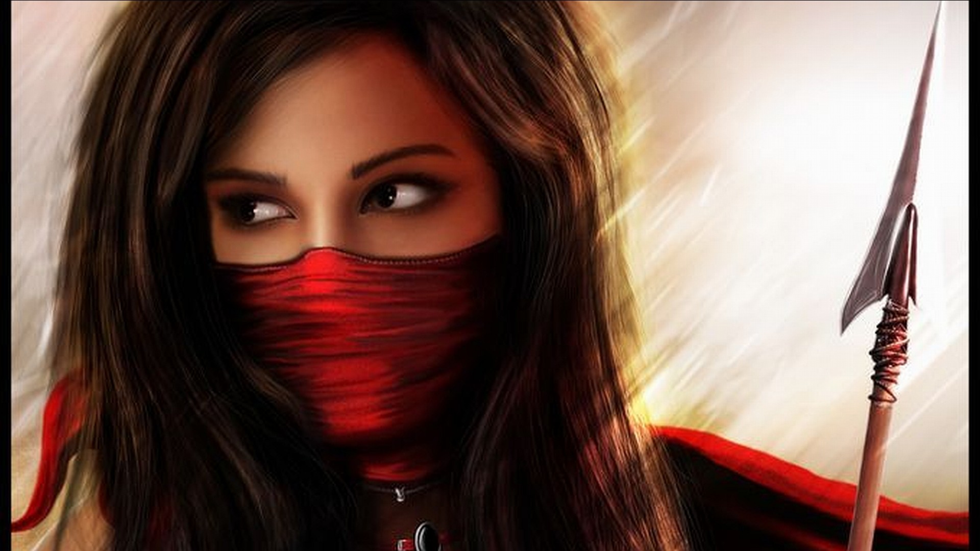 1920x1080 manipulations cg digital art art fantasy warriors spear weapons brunettes  face mask eyes jewelry light backlit scarf maiden red colors women females  girls ...