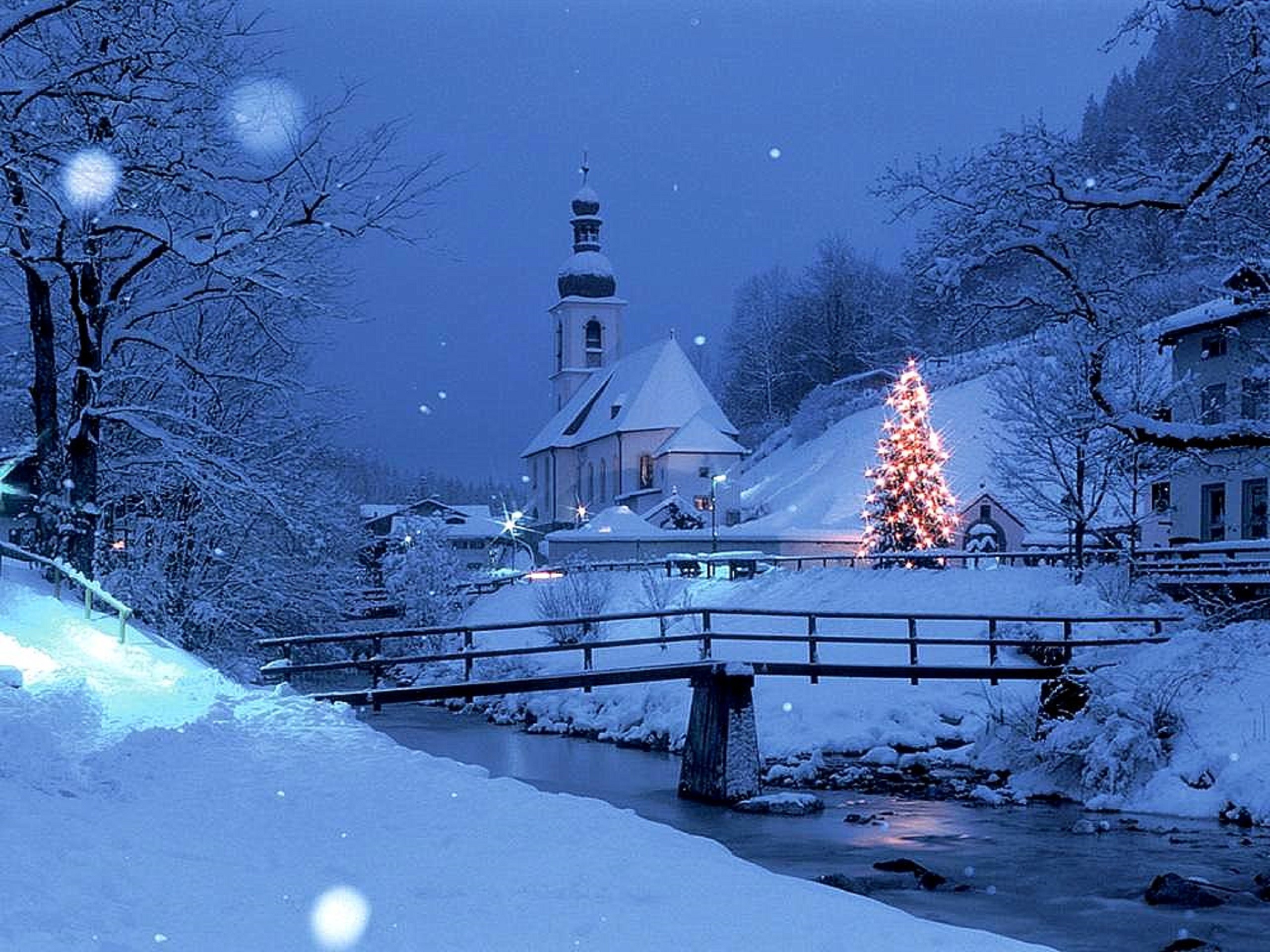 2560x1920 Lights Snow Winter Christmas Scenery Holidays Xmas Tree Nature Houses Blue  Four Creek Bridge Year New