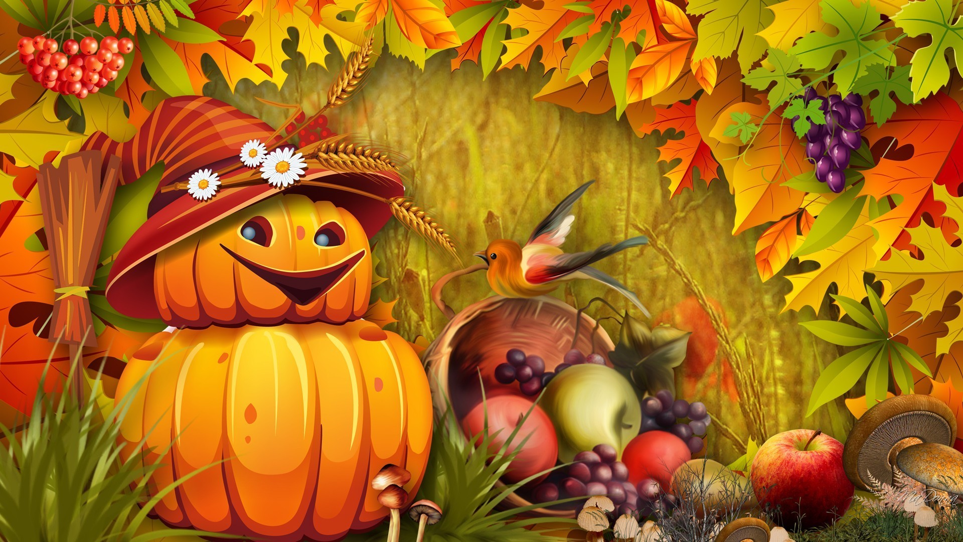1920x1080 Fall Cute Leaves Bright Bird Basket Pumpkins Whimsical Scarecrow Grass  Fruit Autumn - 