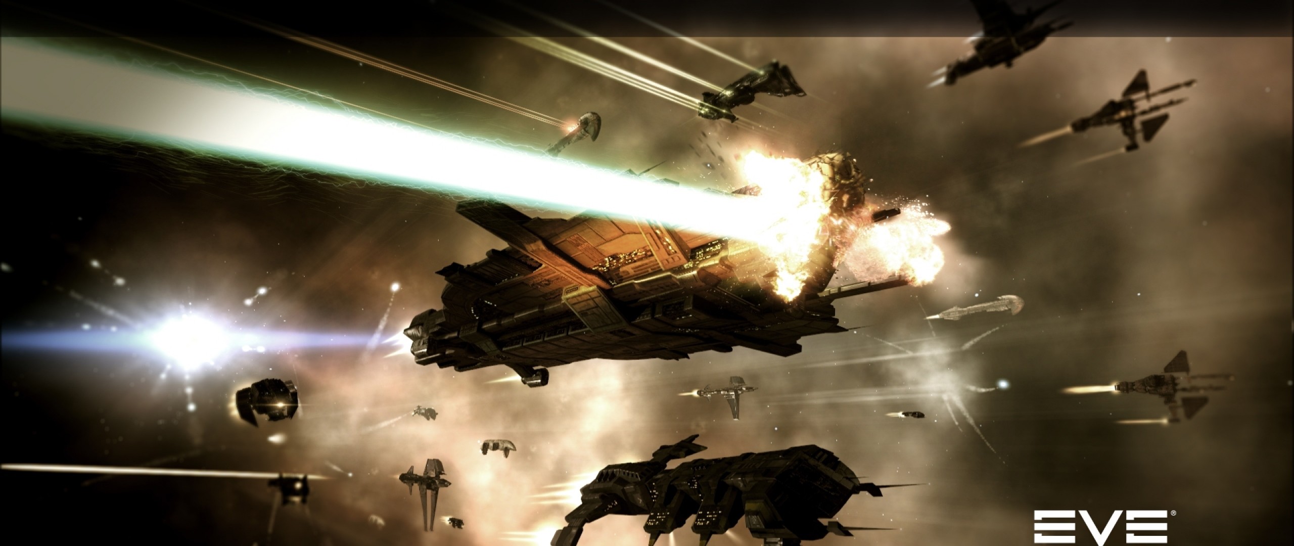 2560x1080 Preview wallpaper eve online, space, spaceships, light 