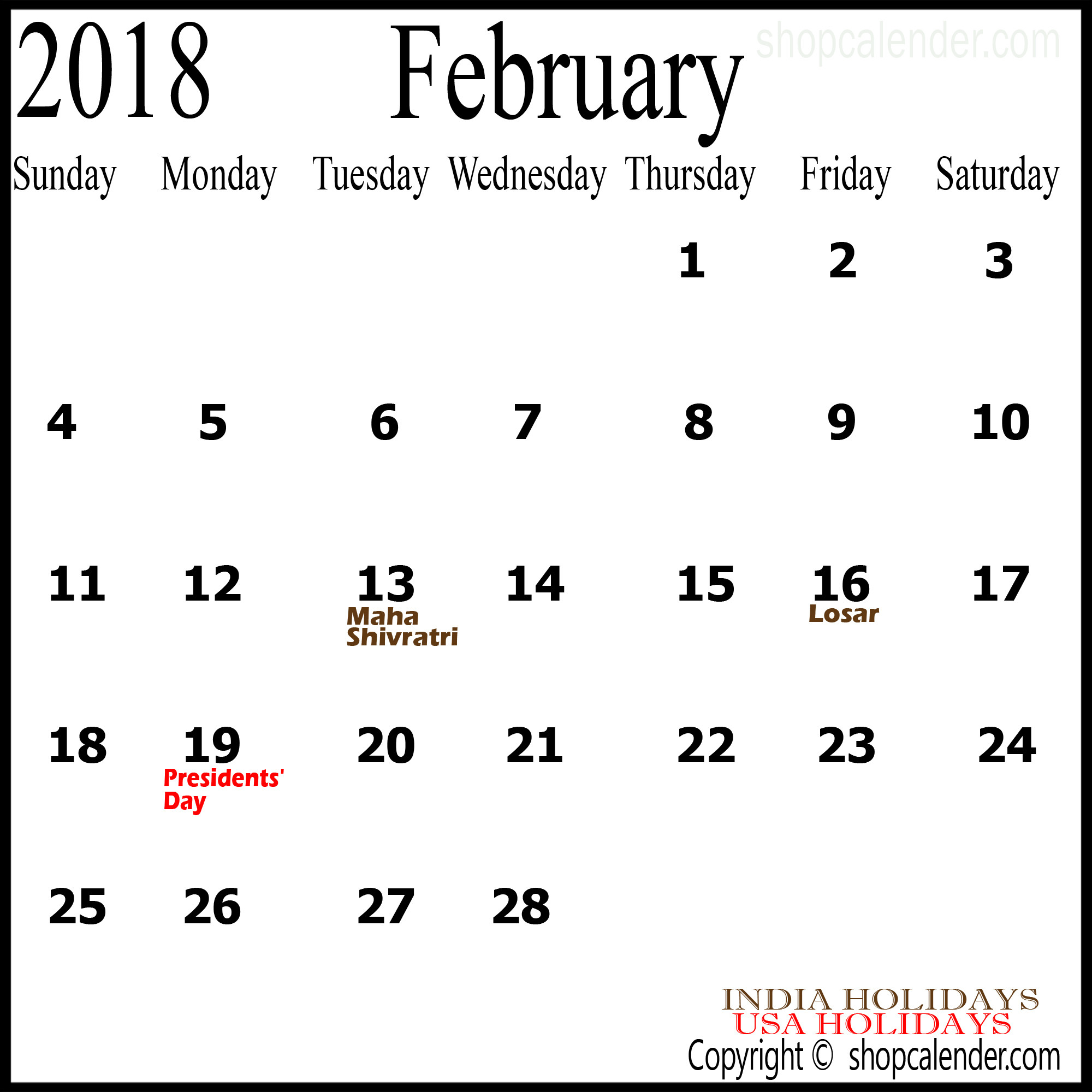 2000x2000 February 2018 Calendar Printable
