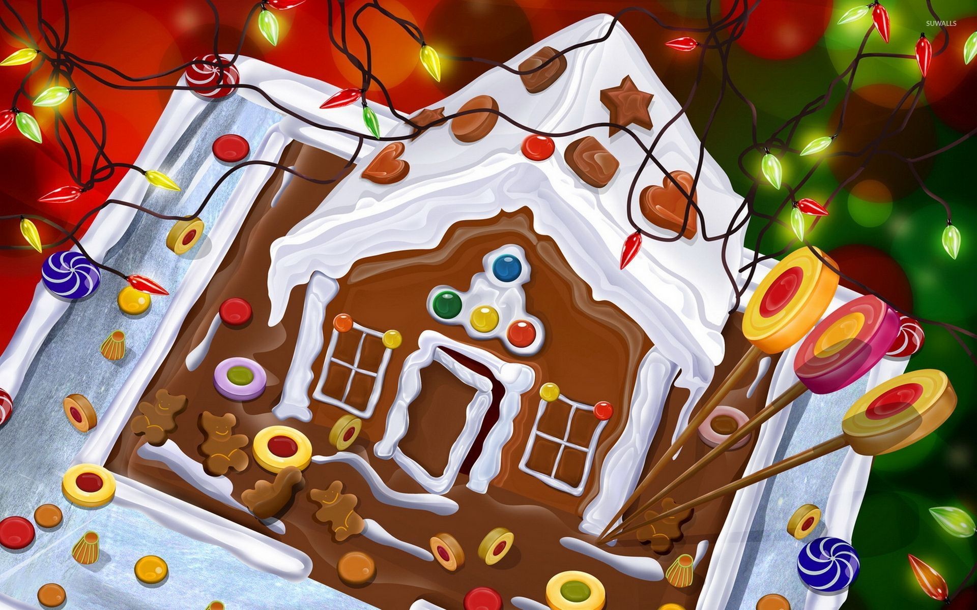 1920x1200 Gingerbread house and candies under the Christmas lights wallpaper