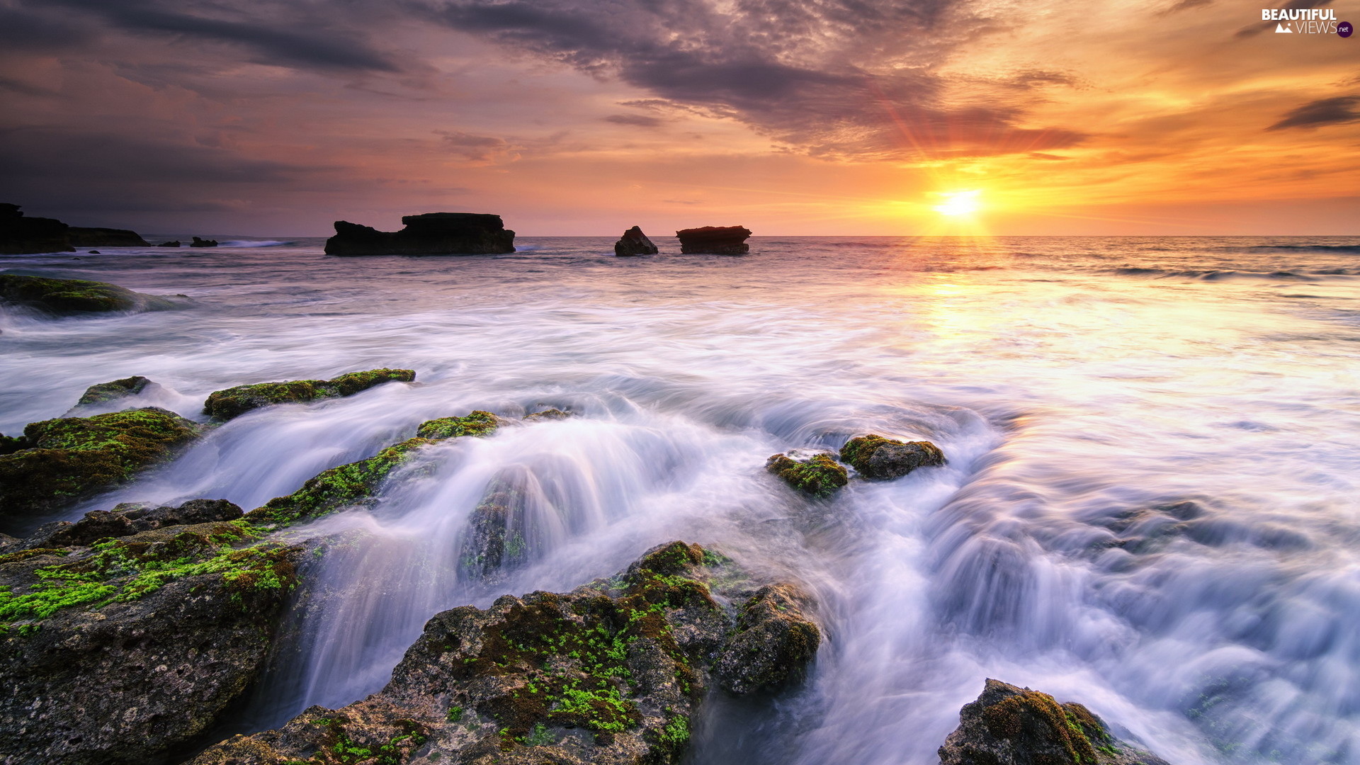 1920x1080 Great Sunsets, sea, rocks, indonesia, clouds, Bali Island
