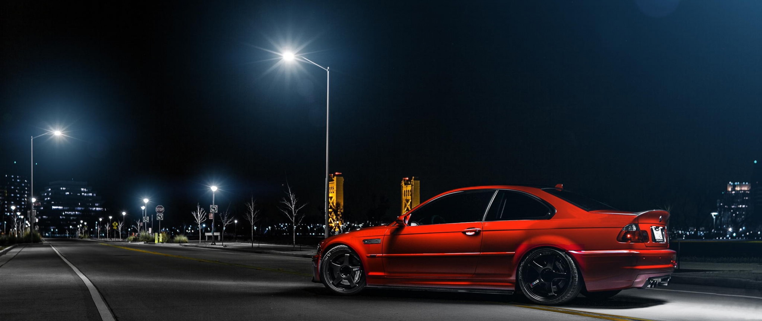 2560x1080 Preview wallpaper bmw, m3, e46, car, red, side view, night
