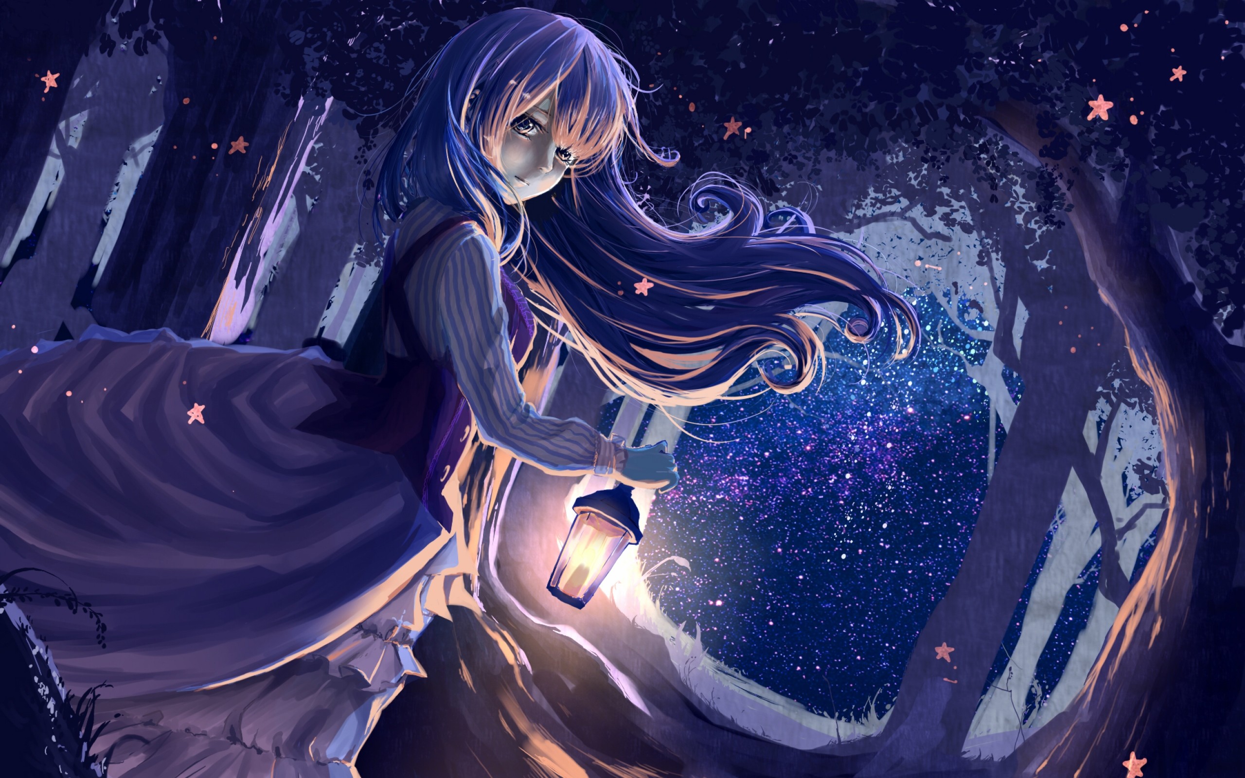 2560x1600  Wallpaper girl, anime, lantern, forest, night