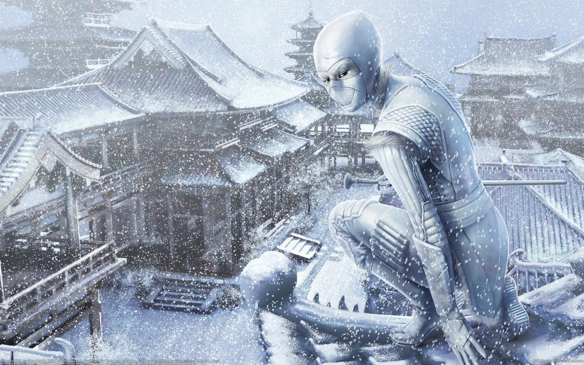 1920x1200 art steve argyle girl ninja snow winter asia roof