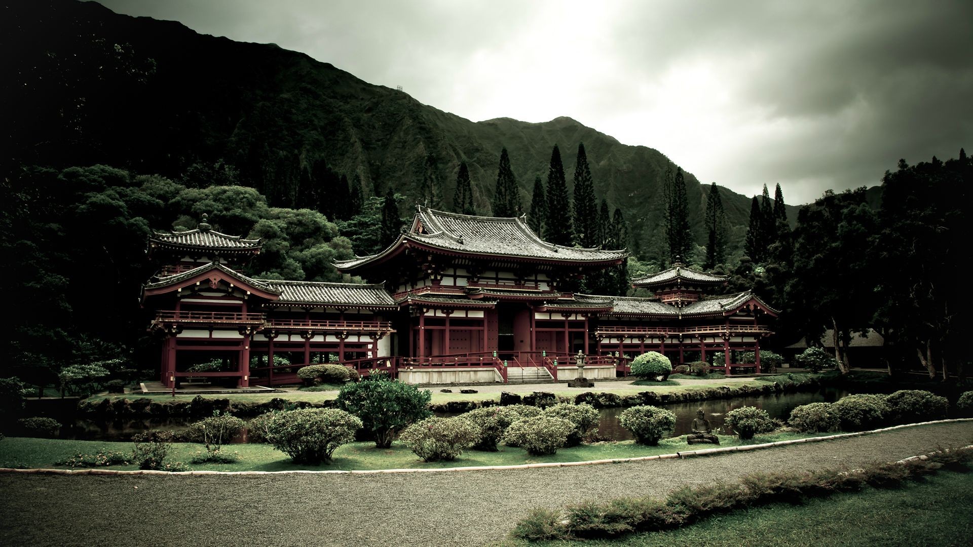 1920x1080 ... Garden, Mountains, Path, Zen, Lake, Plants, Forest, Clouds, Temple,  Japan, Filter, The Byodo In Temple Wallpapers HD / Desktop and Mobile  Backgrounds