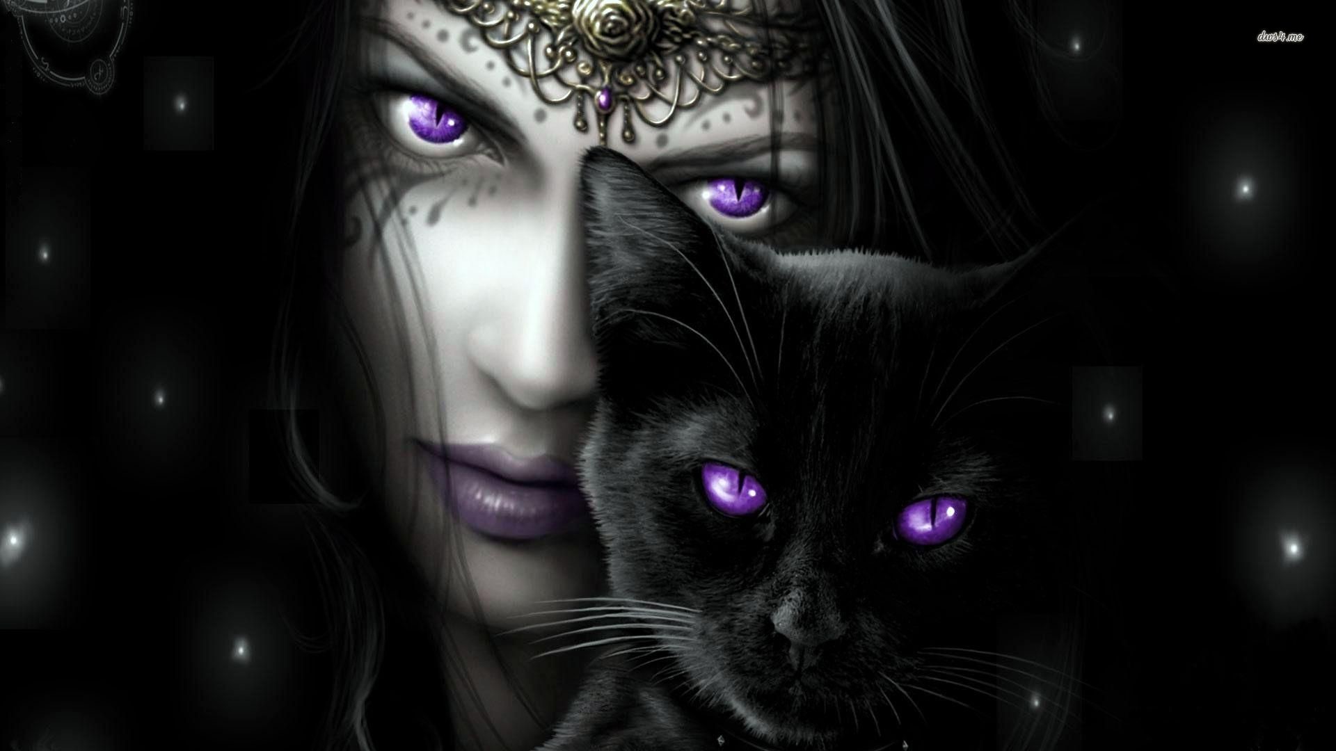 1920x1080 Wallpapers Blue Eyed Fantasy Woman Purple With Her Black Cat Hd  |  #129824 #