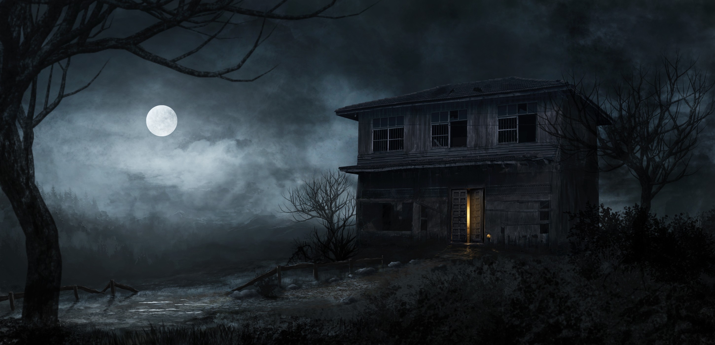 2900x1400 #Moon, #artwork, #house, #horror, #night, #spooky, wallpaper