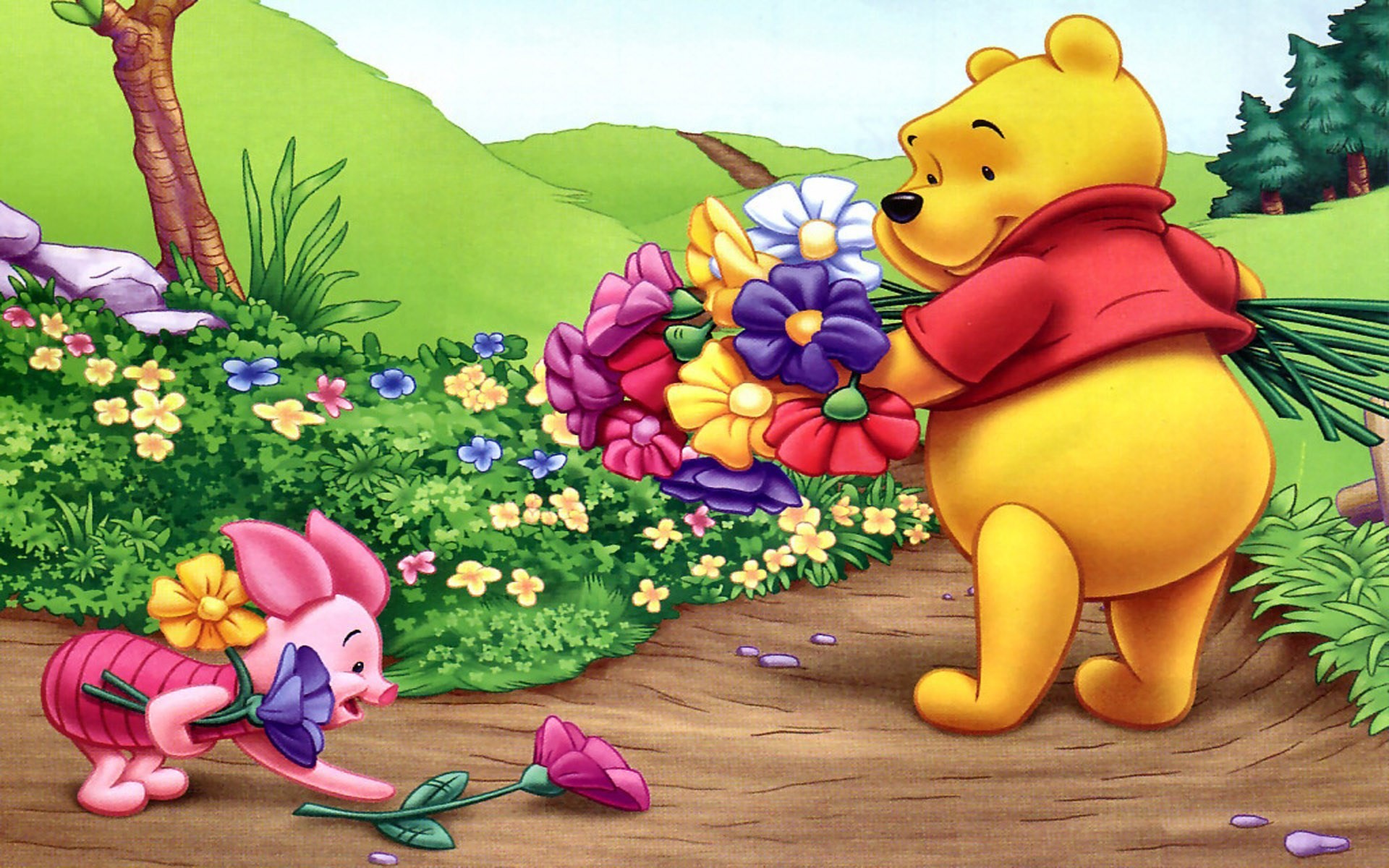 1920x1200 Winnie The Pooh And Piglet Harvesting Of Mountain Flowers