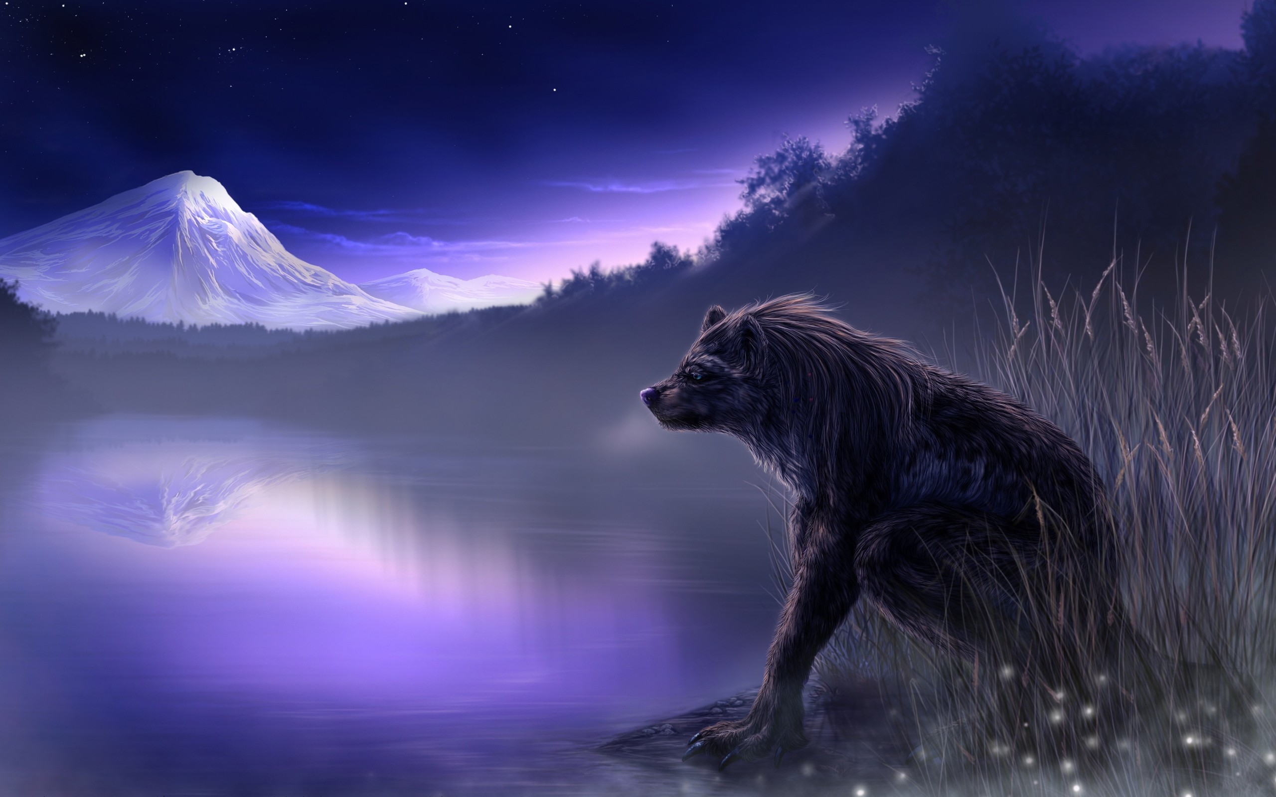 2560x1600 Fantasy Art Wolf Wolves Landscapes Nature Lakes Art Wallpaper