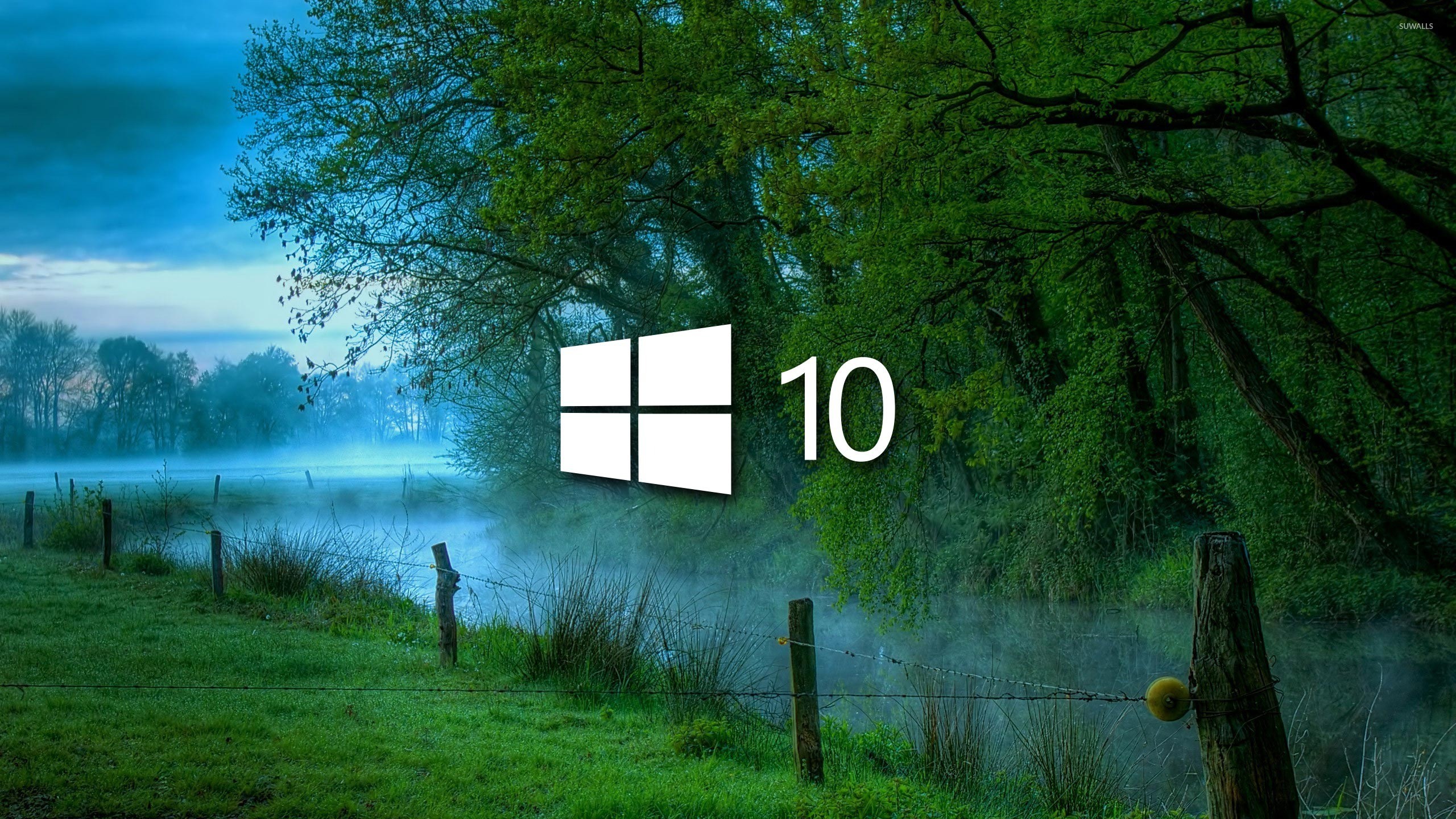 2560x1440 Windows 10 in the misty morning small logo wallpaper