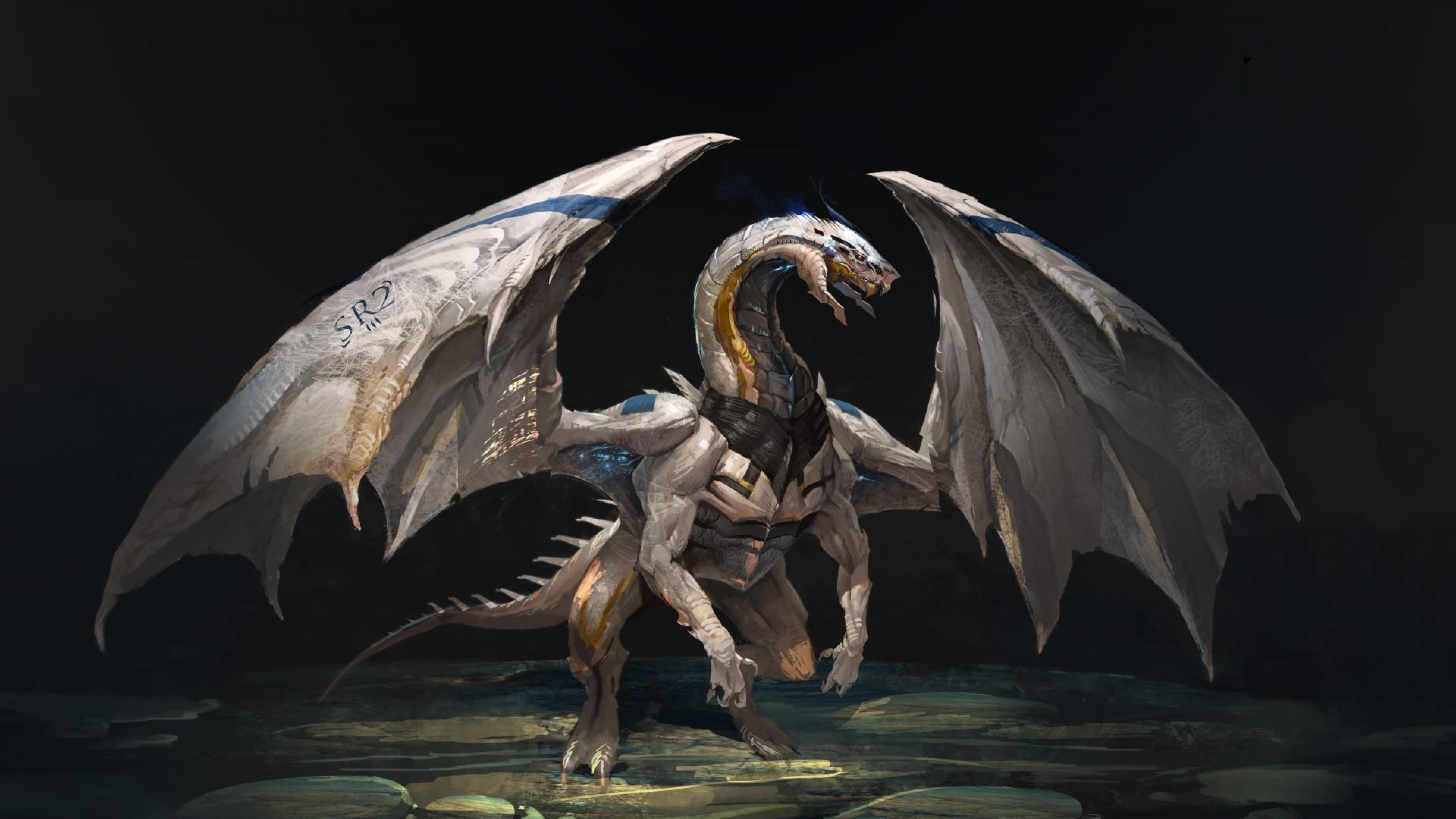 3840x2160  Wallpaper dragon, creature, wings, stones