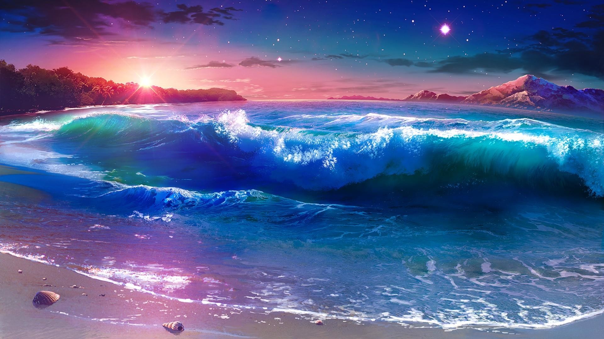 1920x1080 Title. Starry night over the seashore - Fantasy landscape
