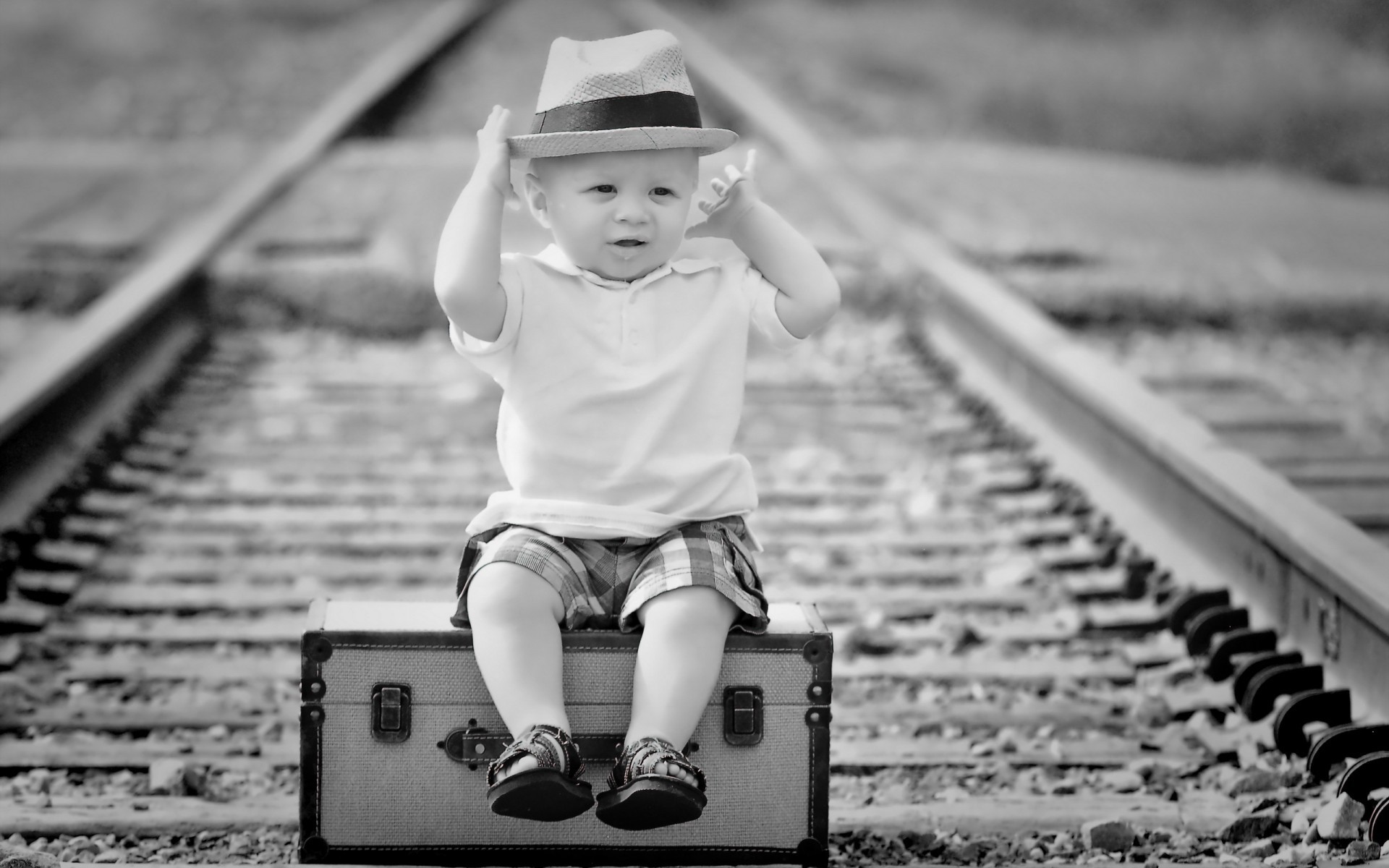 1920x1200 Humor cute children baby black white travel railroad train tracks wallpaper  |  | 31673 | WallpaperUP