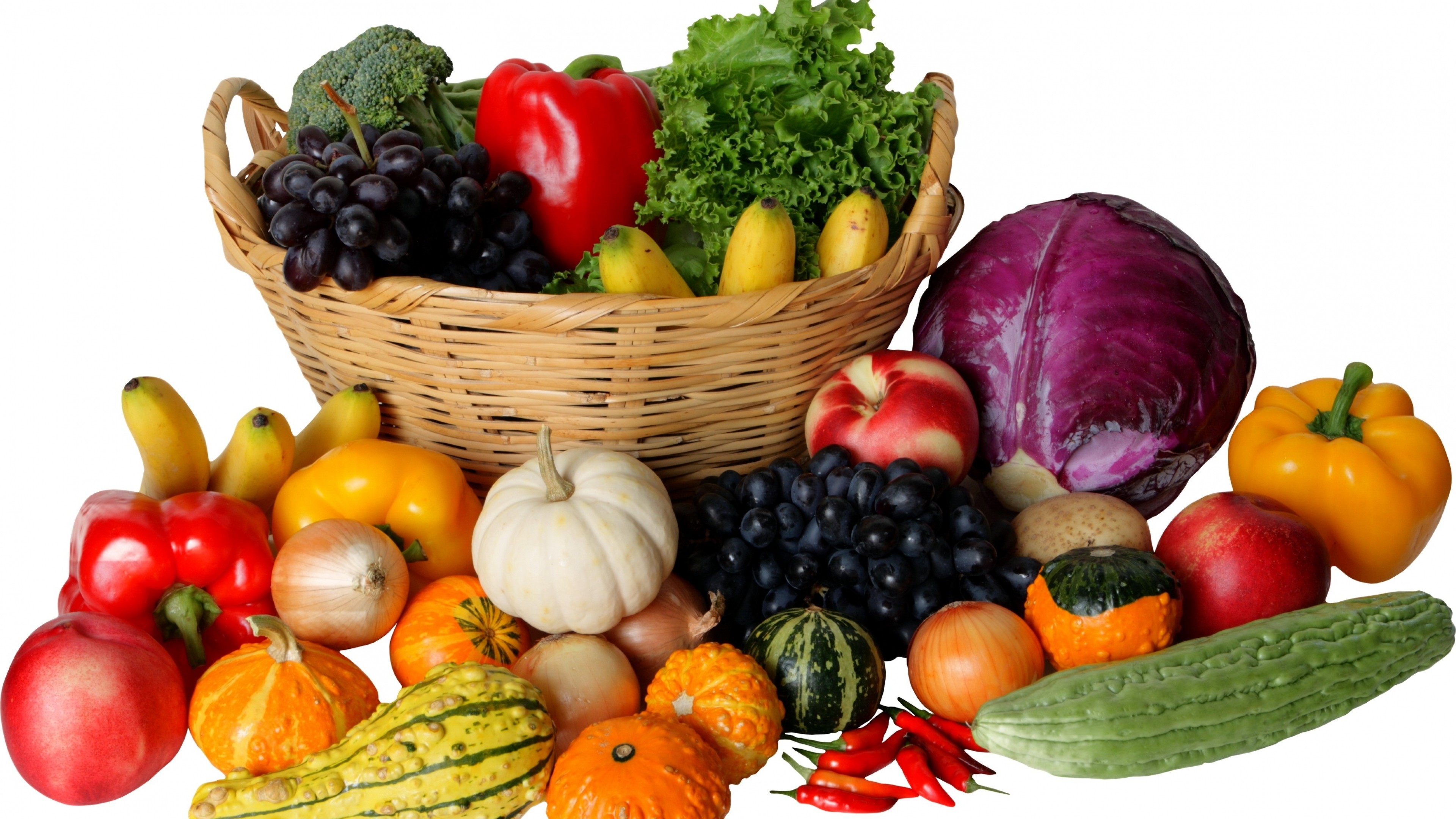 3840x2160  Wallpaper vegetables, fruit, basket, much, diversity