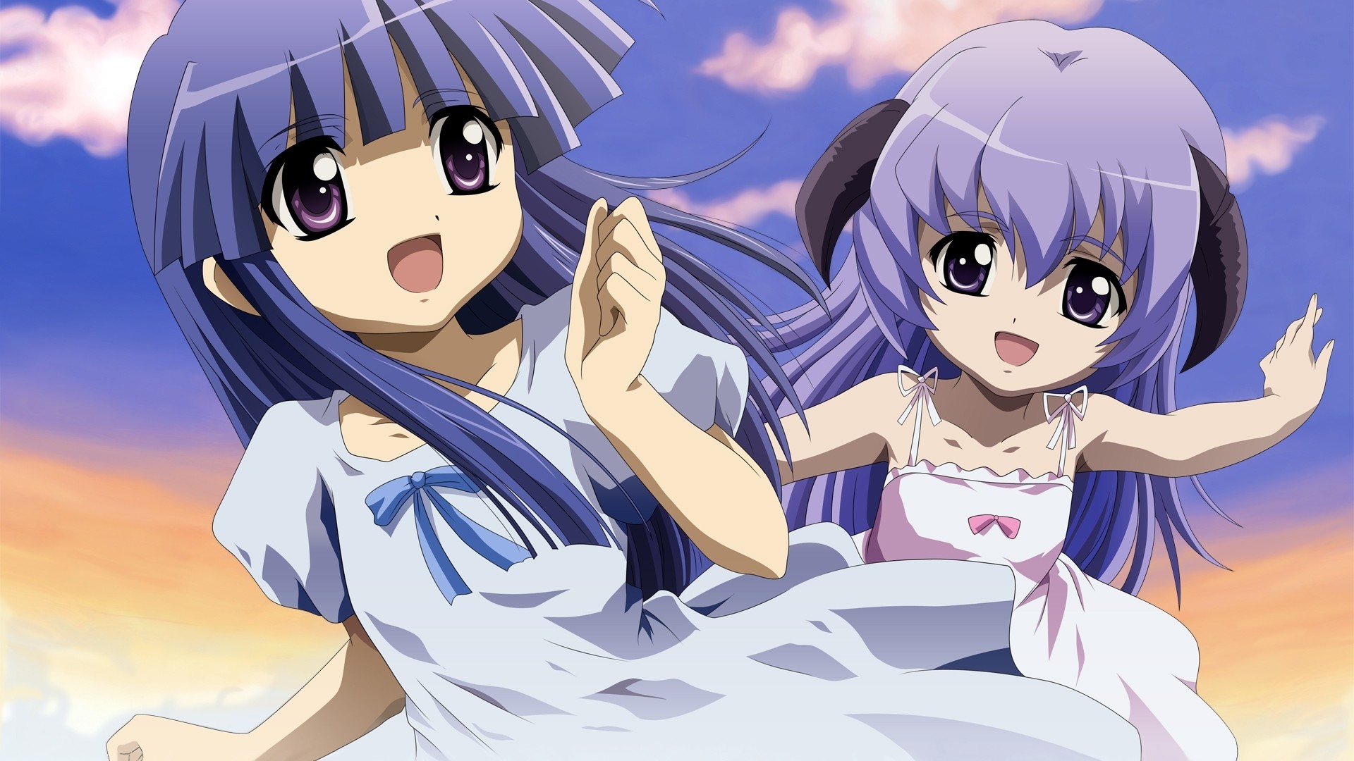 1920x1080 Preview wallpaper anime, happy, girls, cute, flying, wind, sky 