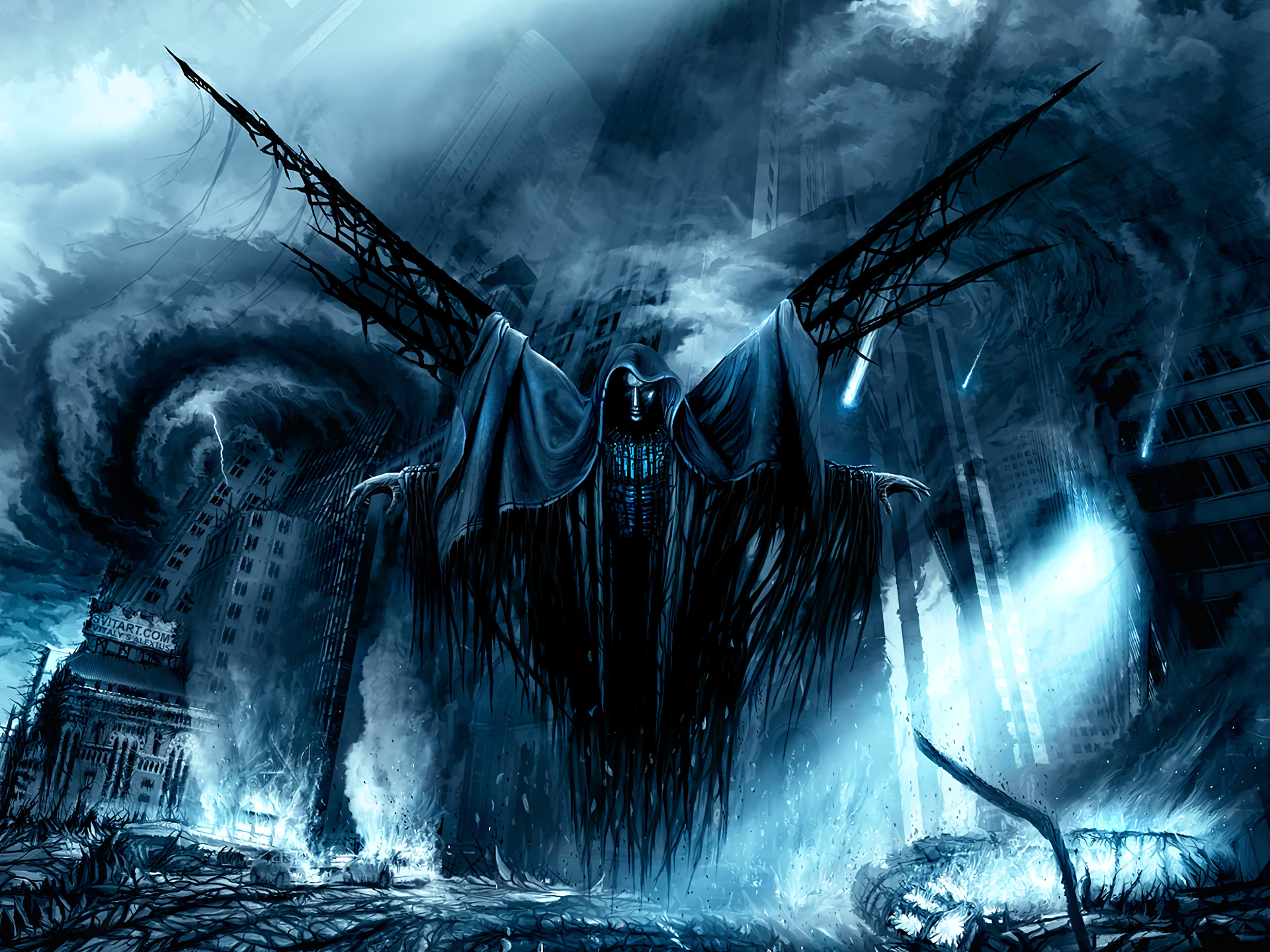 1920x1440 Fantasy - Demon Fantasy Apocalypse Apocalyptic Blue City Destruction Dark  Angel Wallpaper