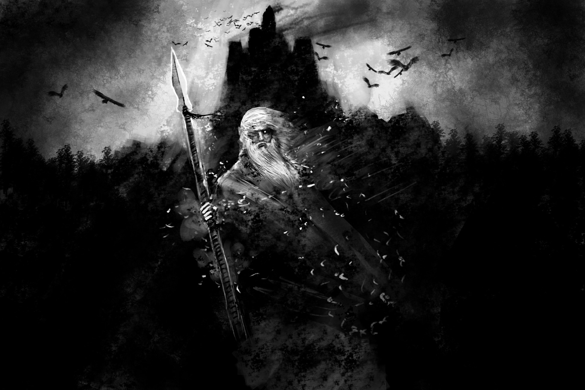 1943x1296 black and white fantasy art Odin mythology gods wallpaper