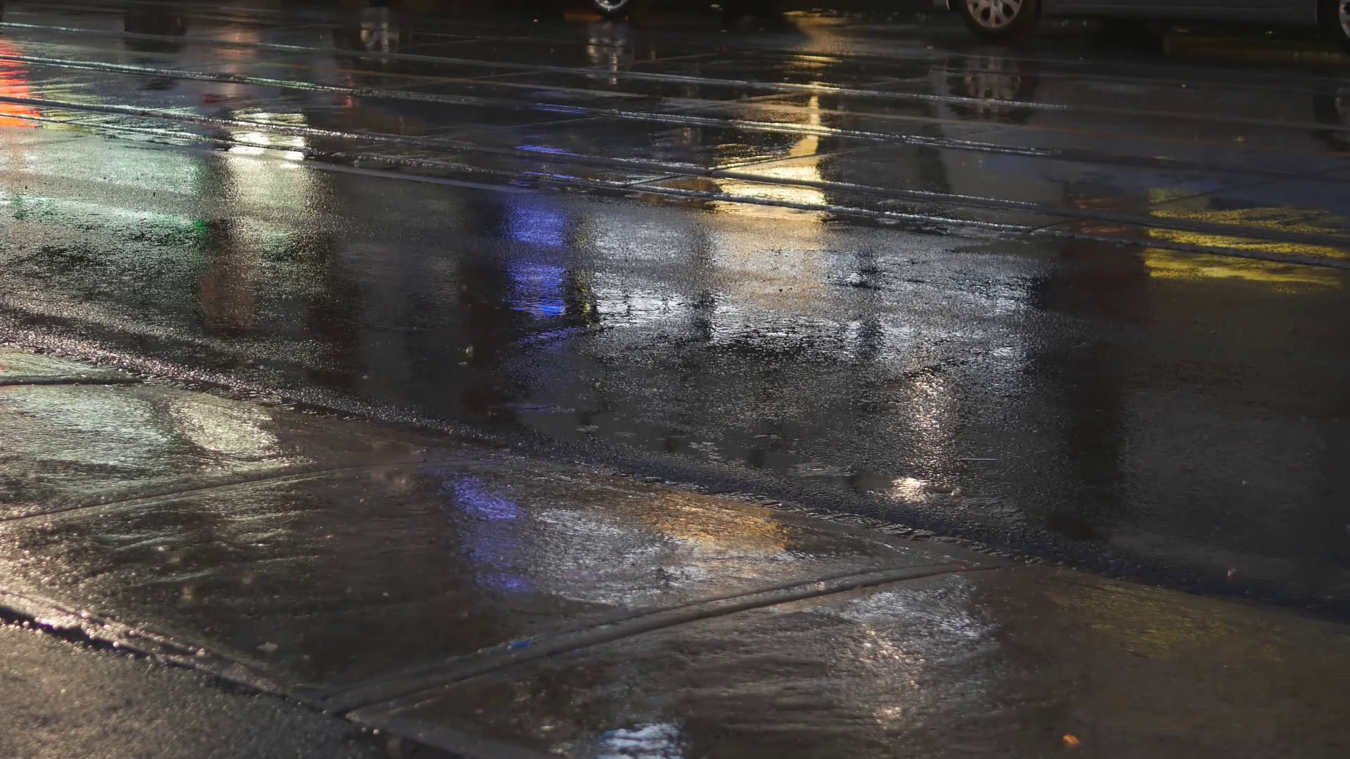 1920x1080 Detail of wet city street on rainy night. Traffic passing by. Good  background for text etc. Stock Video Footage - VideoBlocks
