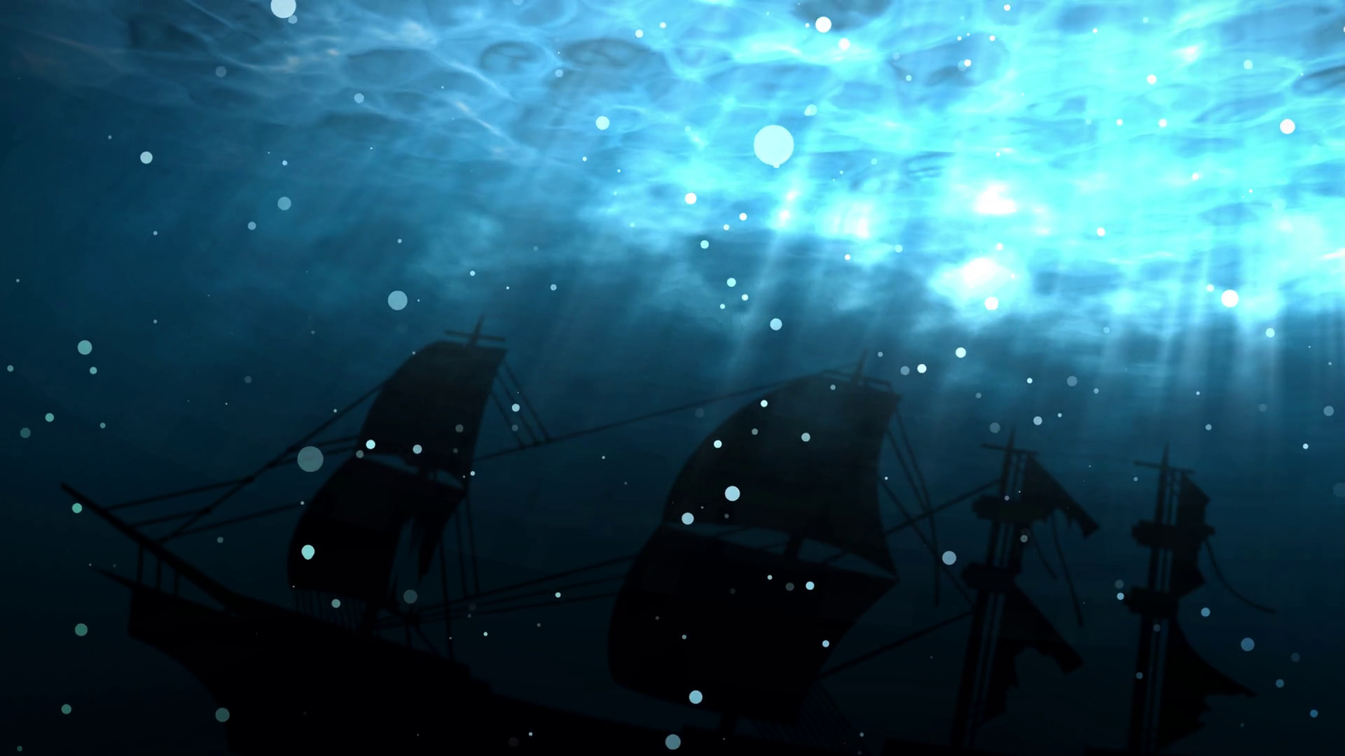 1920x1080 Seamless animation of deep blue ocean with shipwreck background. Ship sunk  in undersea water as a silhouette background. With bubbles and light  shinning ...