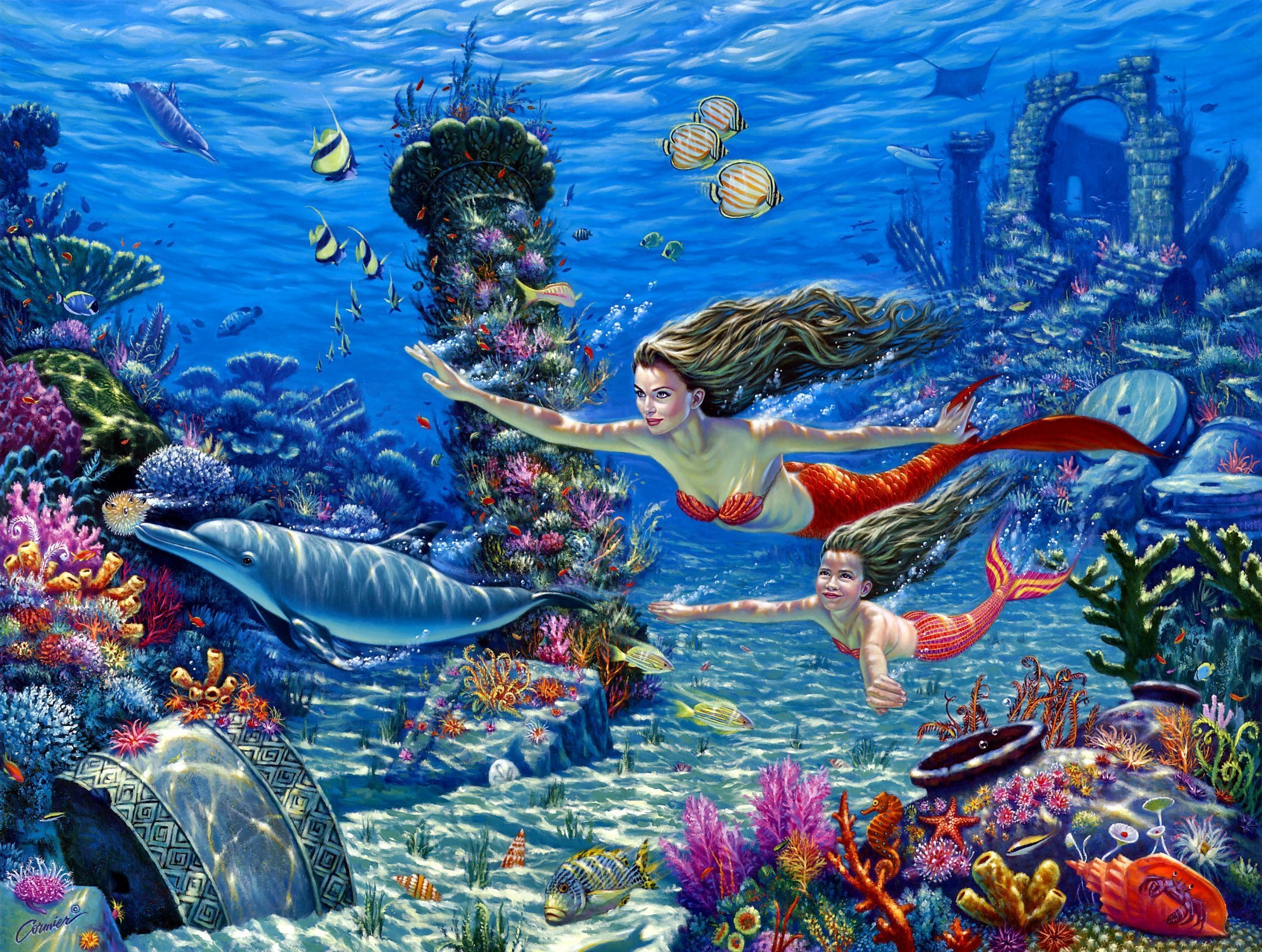 2357x1778 fantasy cg digital art mermaid ocean fish wallpaper background