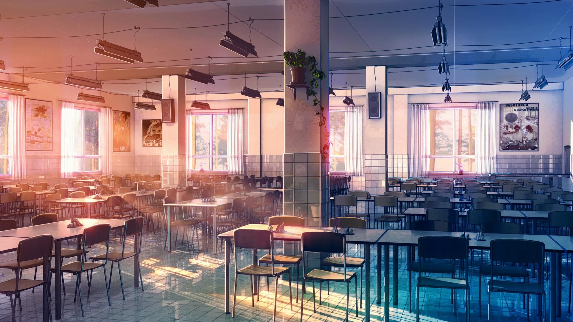 1920x1080 ANIME-ART-anime-scenery-school-cafeteria-tables-chairs-
