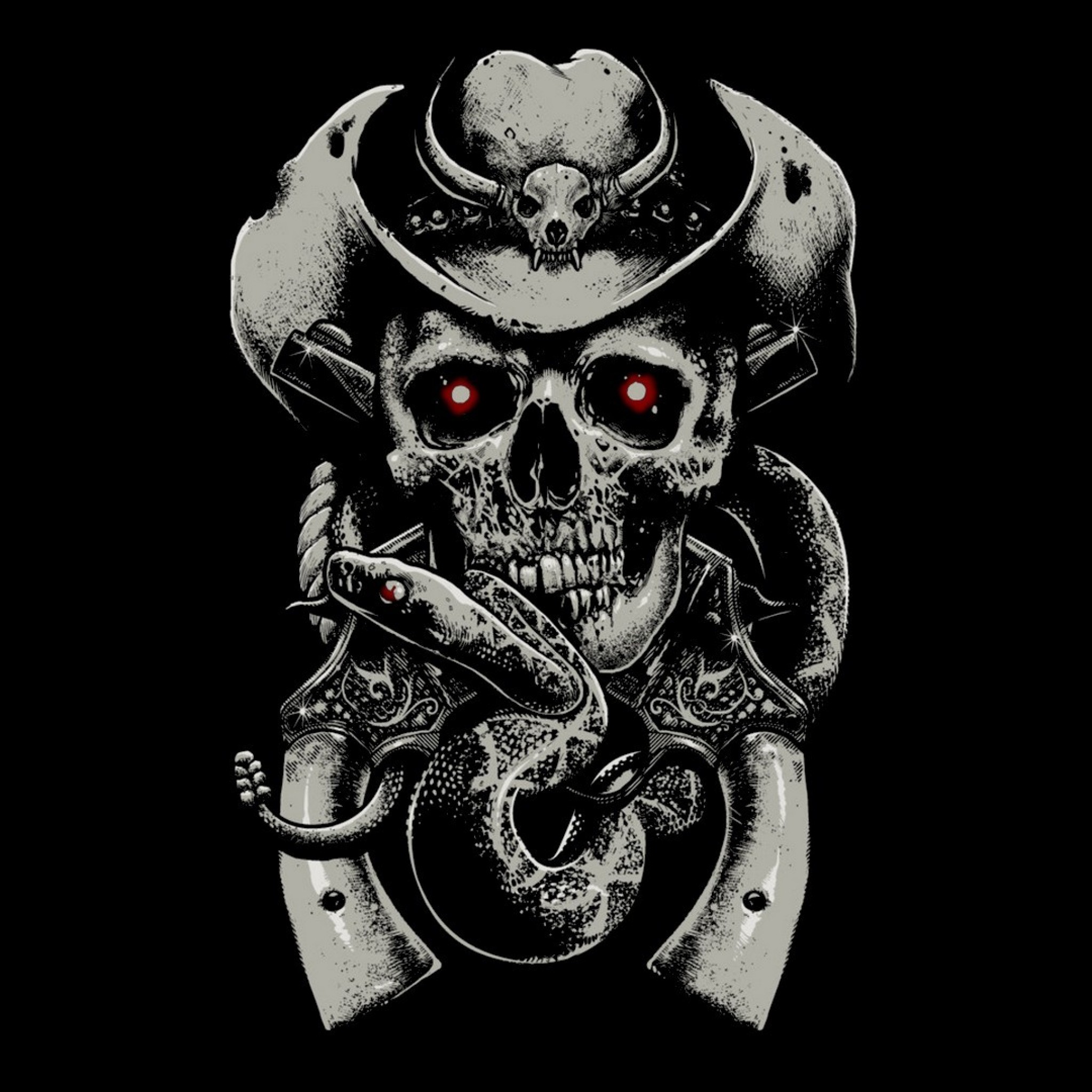 2048x2048 Preview wallpaper skull, fear, hat, guns, snake, background 