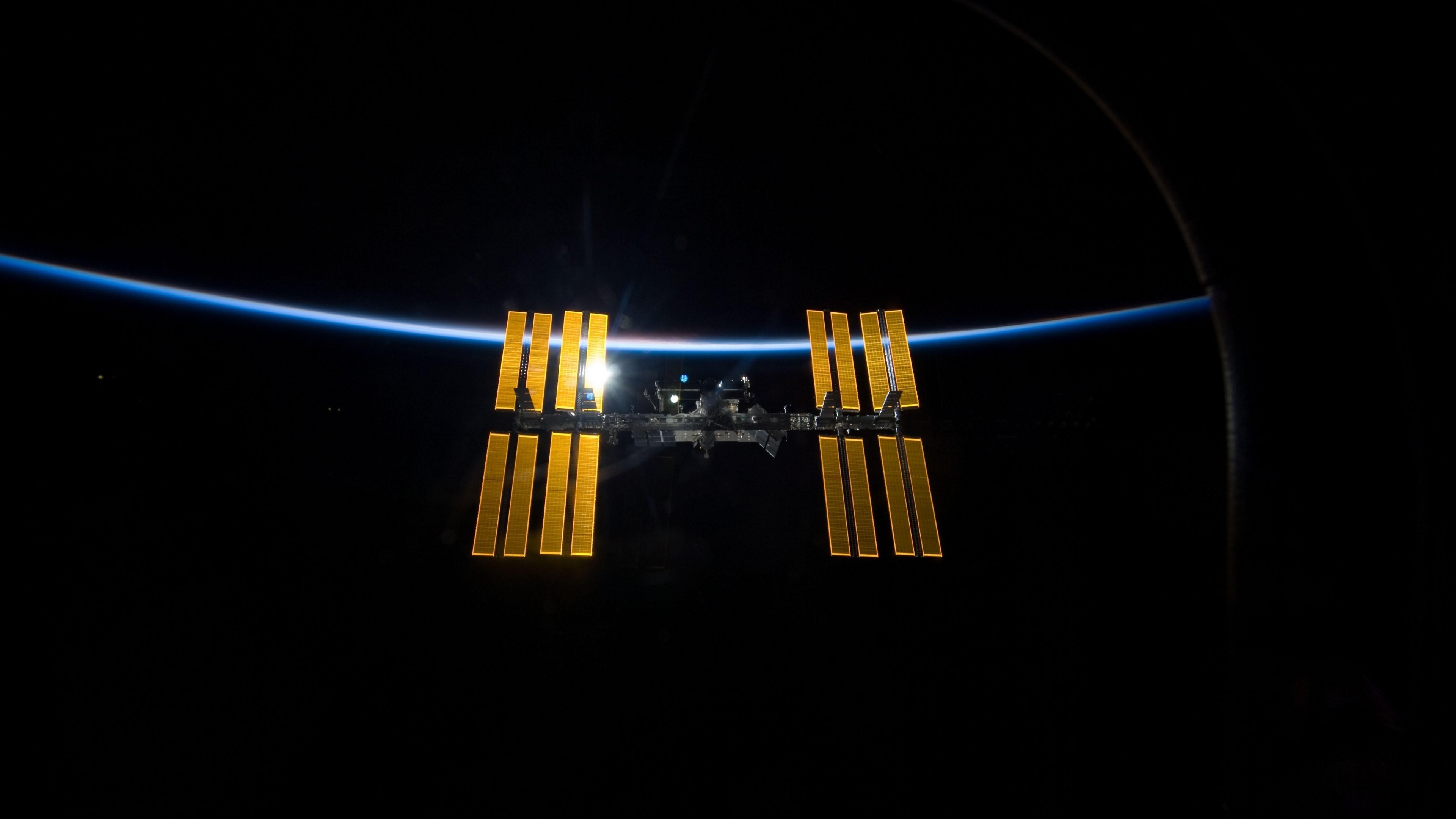 3840x2160 Preview wallpaper space, station iss, world, laboratory, light 