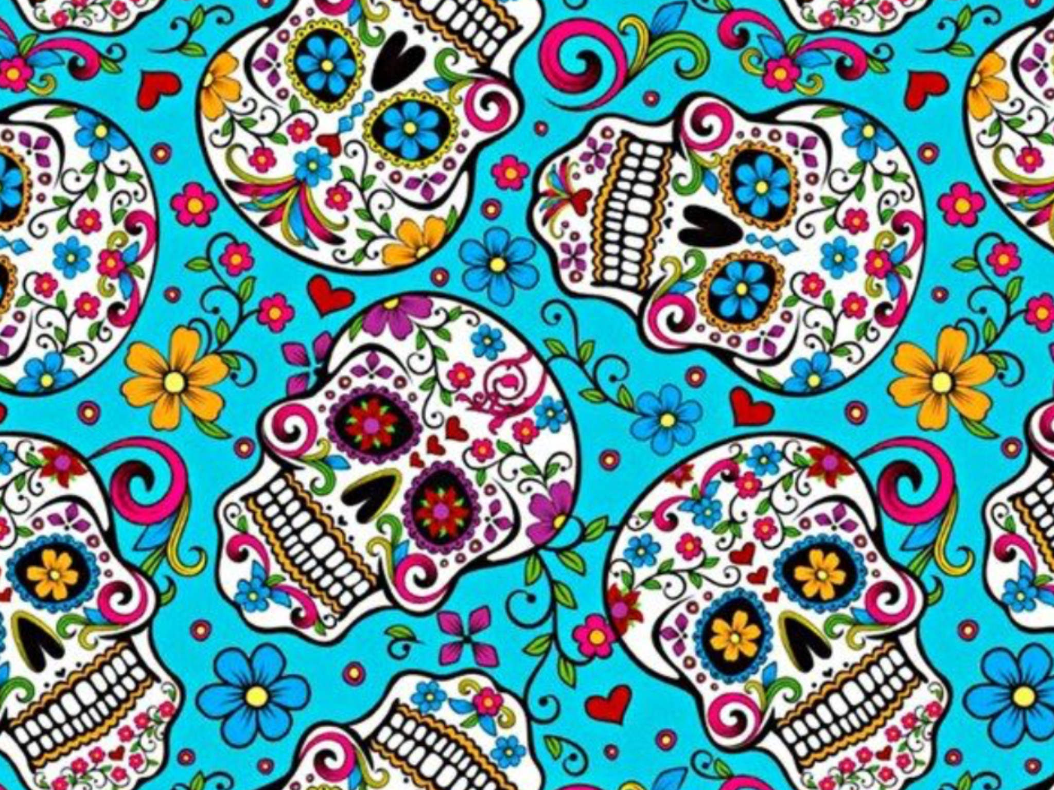 2048x1536 Folkloric Skulls fabric turquoise Sugar Skull Day of the Dead YARD