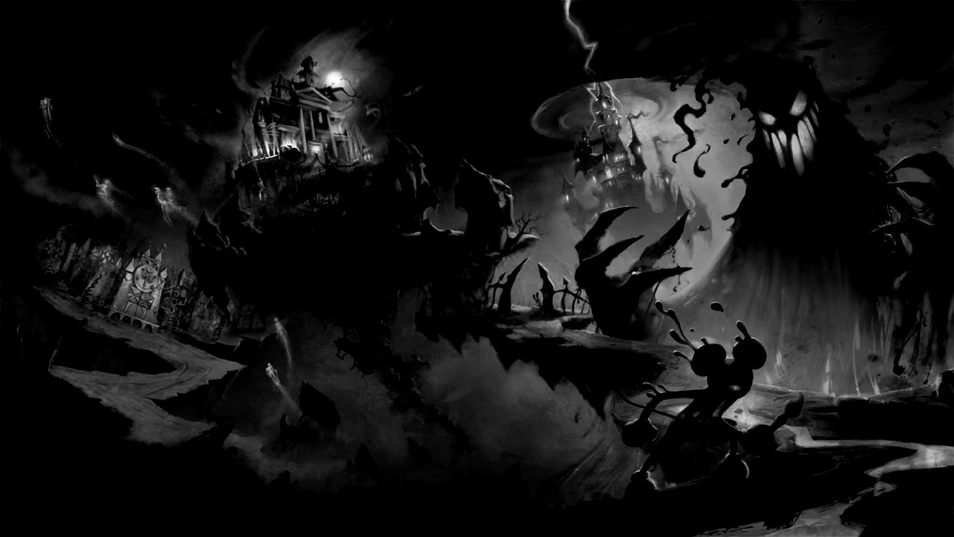 1920x1080 black and white, video games, Disney Company, castles, ...