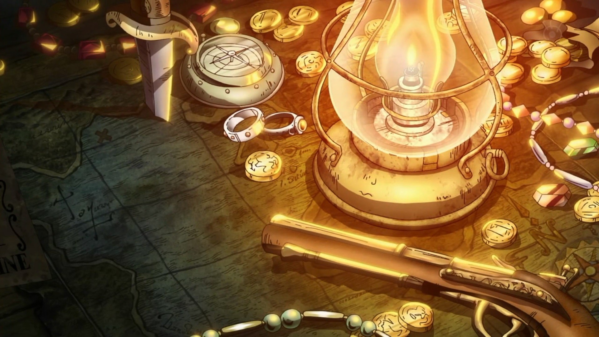 1920x1080 Anime  One Piece treasure gold lamp gun anime lantern coins  compass rings