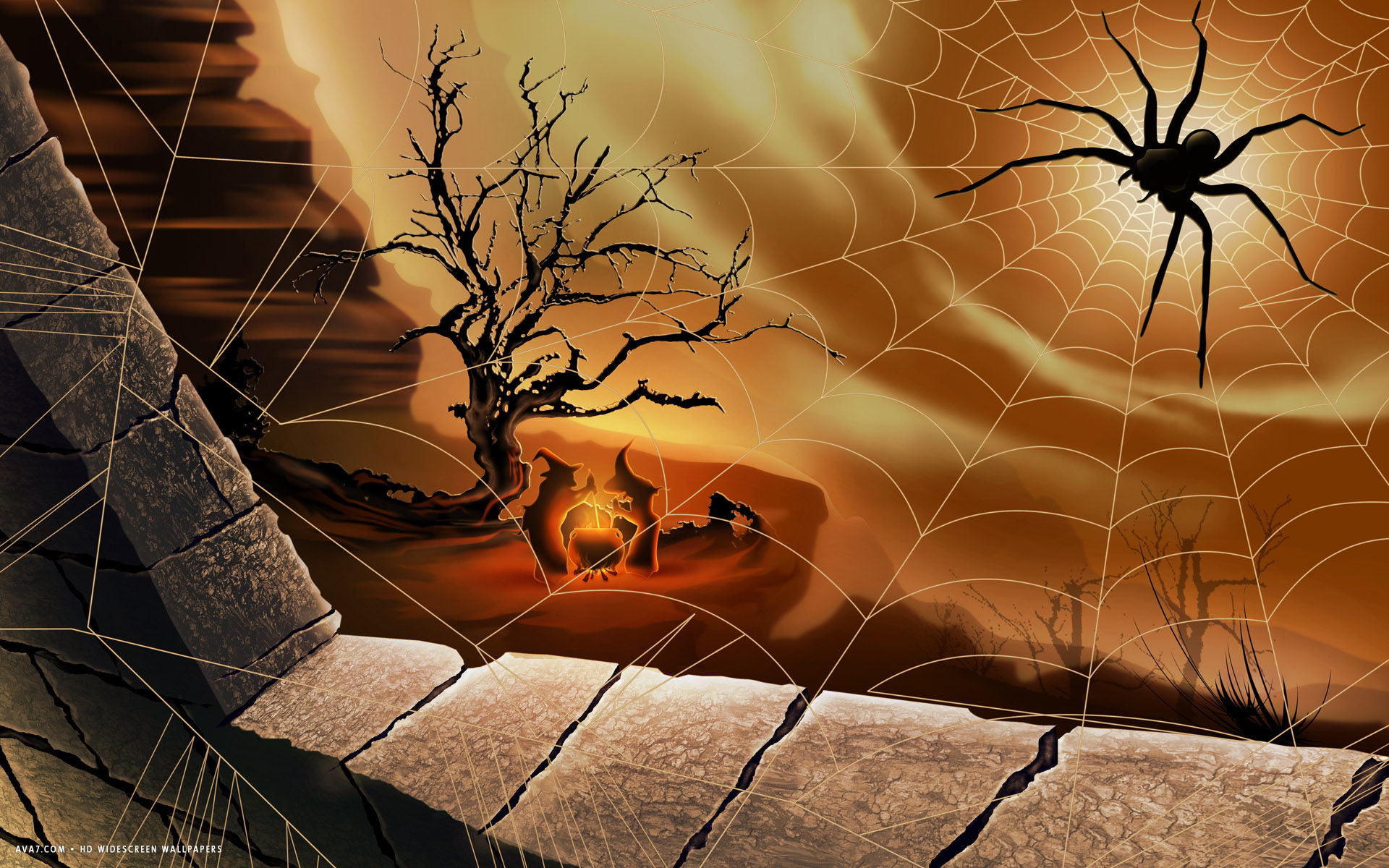 1920x1200 halloween spider net sun witches fire night forest holiday hd widescreen  wallpaper