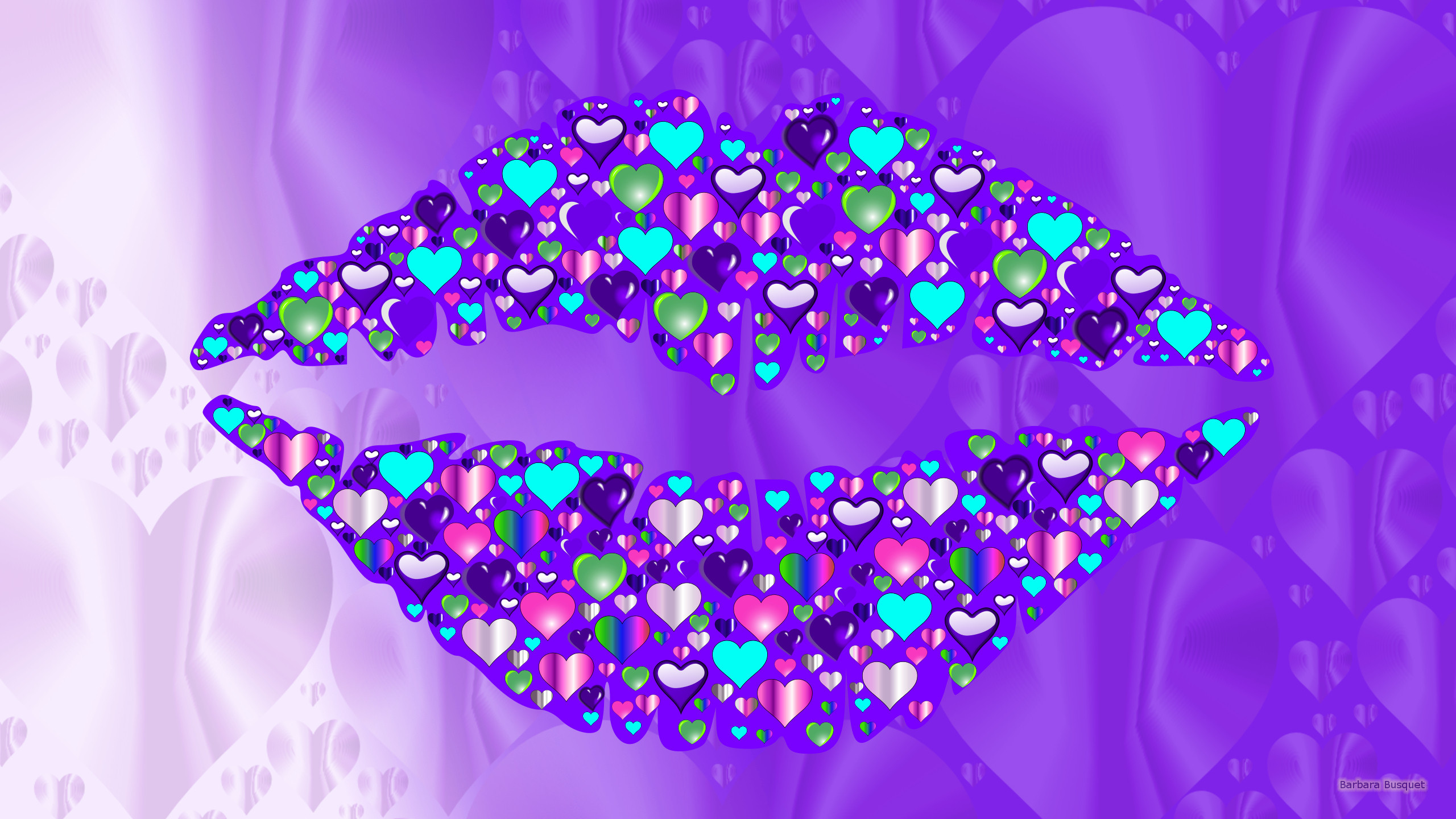 2560x1440 Purple wallpaper with lips and many hearts.
