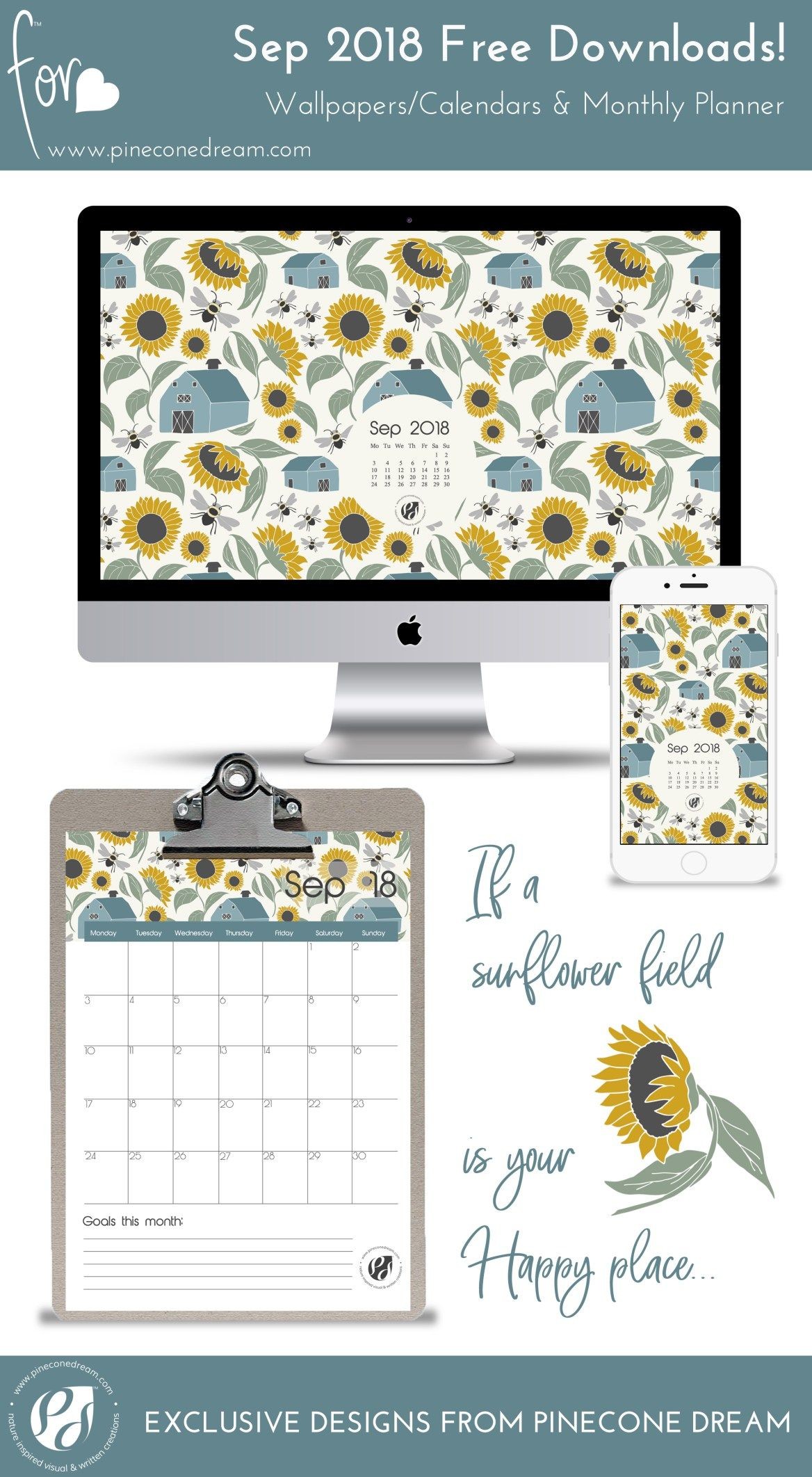 1168x2124 September 2018 Free Wallpapers/Calendars & Printable Planner, illustrated –  A Sunflower Field! | Pinecone Dream