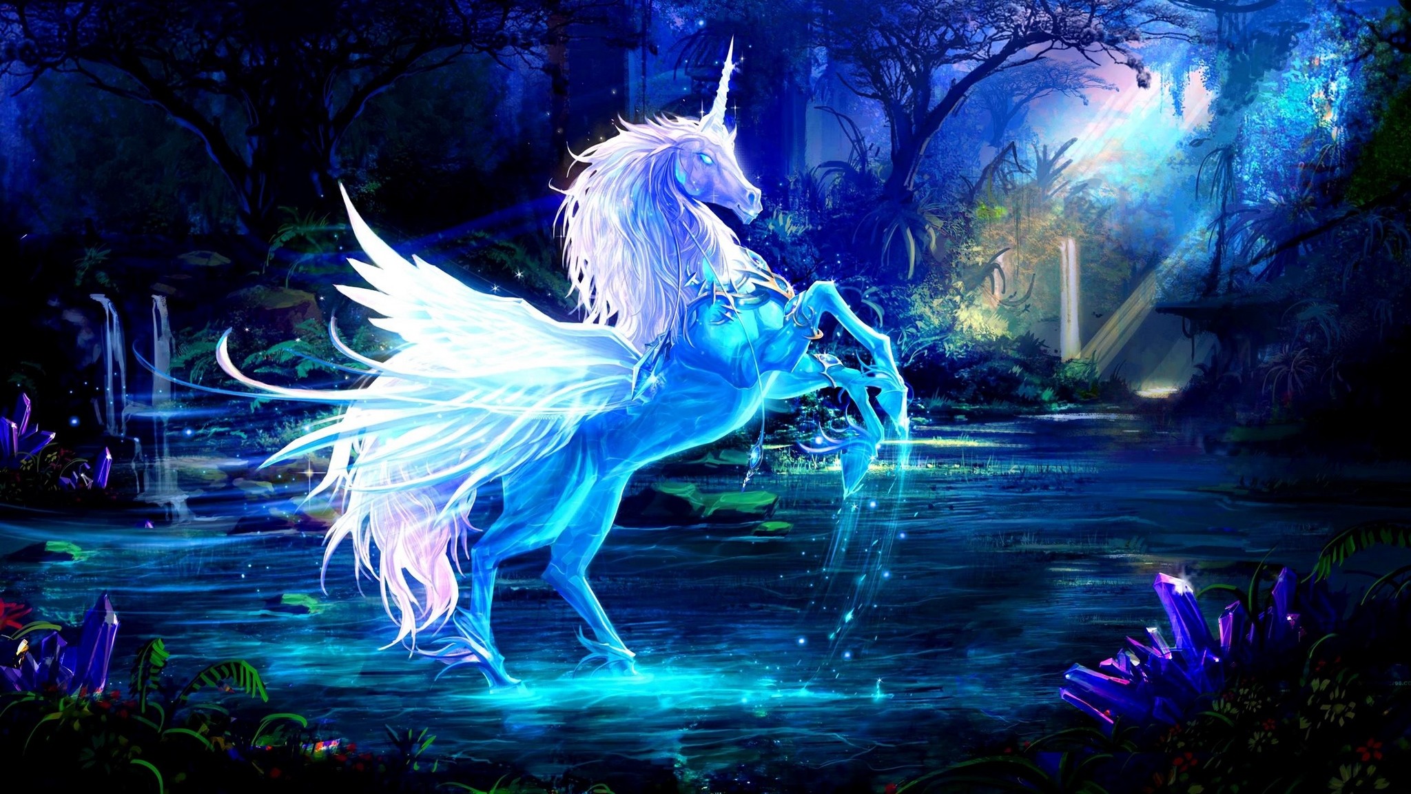 2048x1152  Wallpaper unicorn, water, forest, night, magic
