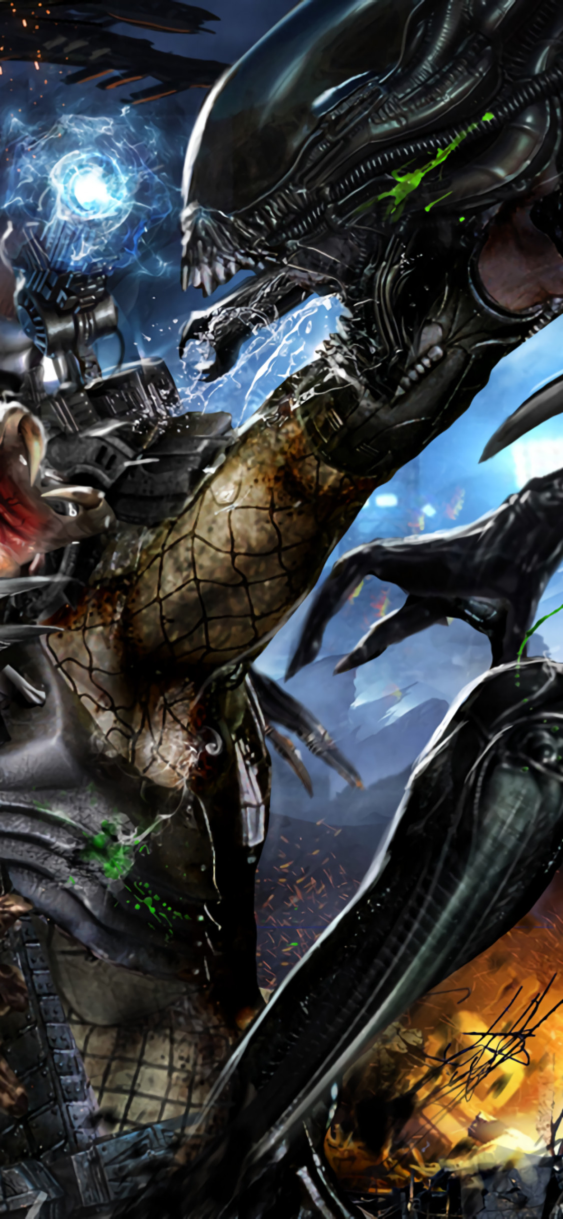 1125x2436 Alien Vs Predator, Xenomorph, Artwork, Sci-fi, Fight