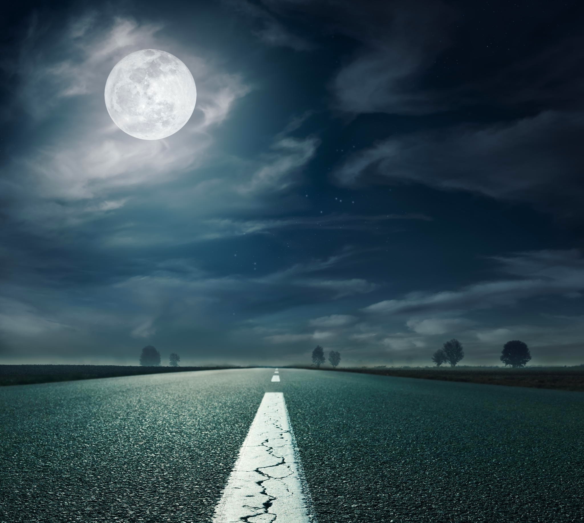 2048x1833 landscape, Nature, Highway, Road, Moon, Trees, Moonlight, Asphalt, Night,  Clouds, Sky, Empty Wallpapers HD / Desktop and Mobile Backgrounds