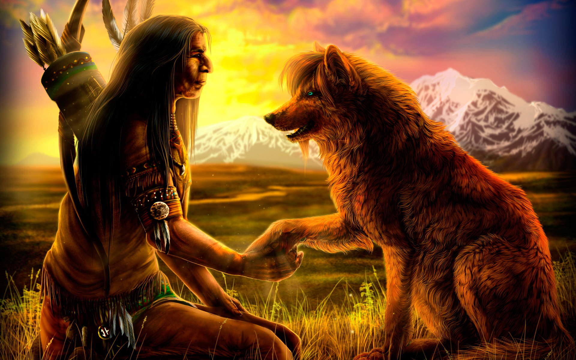 1920x1200 Native American Wolf Art Background