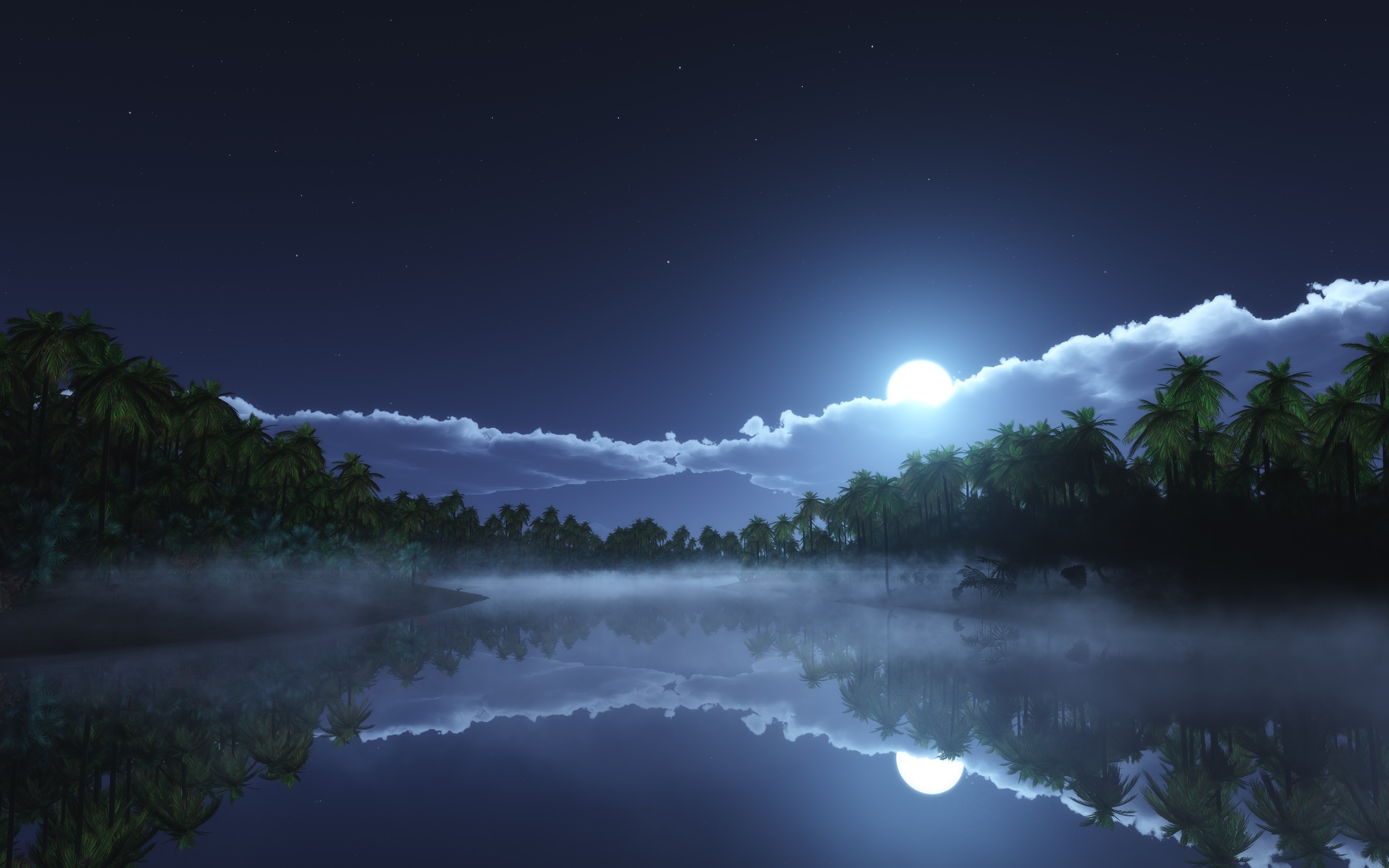 3360x2100 nature, Landscape, Starry Night, Moonlight, Clouds, Tropical, Mist, Palm  Trees, Lake, Reflection Wallpapers HD / Desktop and Mobile Backgrounds